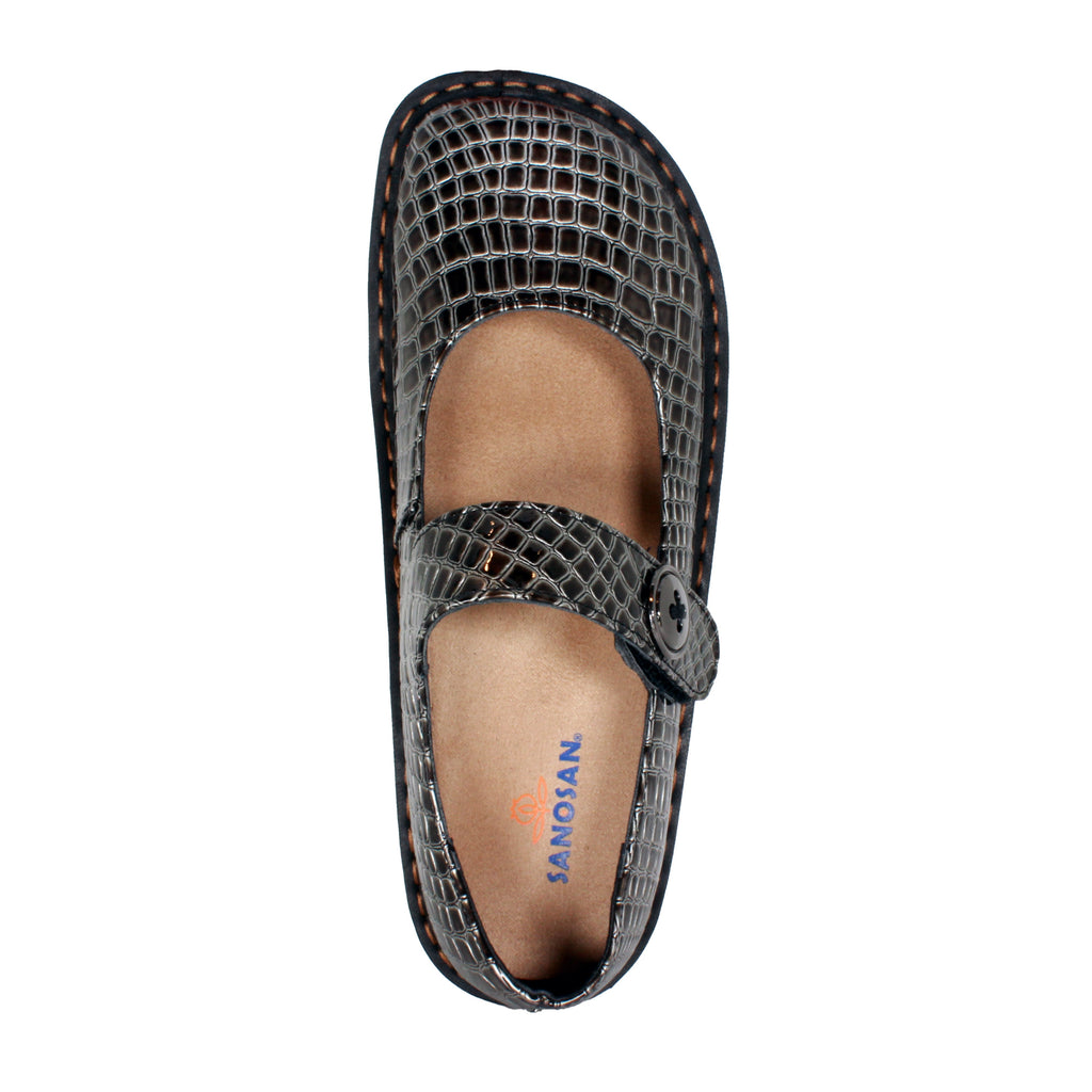 Sanosan Julia Comfort Mary-Jane Clogs im Pewter Croco Patent