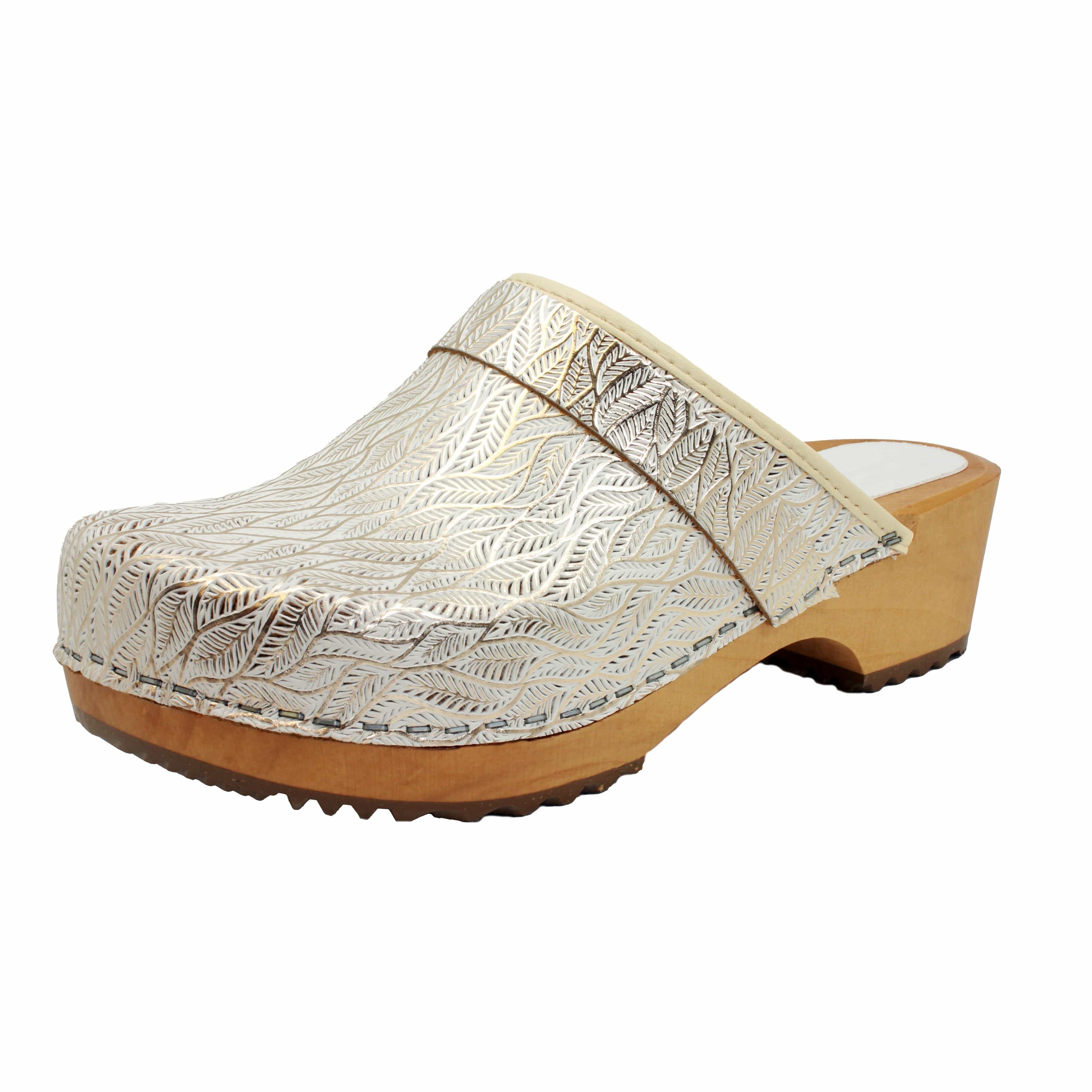 BJORK Maja Wood Open Back Tooled Natürliche Leder Clogs