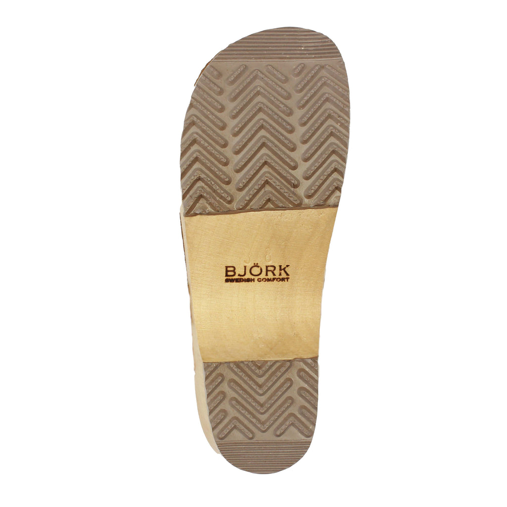 BJORK Maja Wood Open Back Tooled Natürliche Leder Clogs