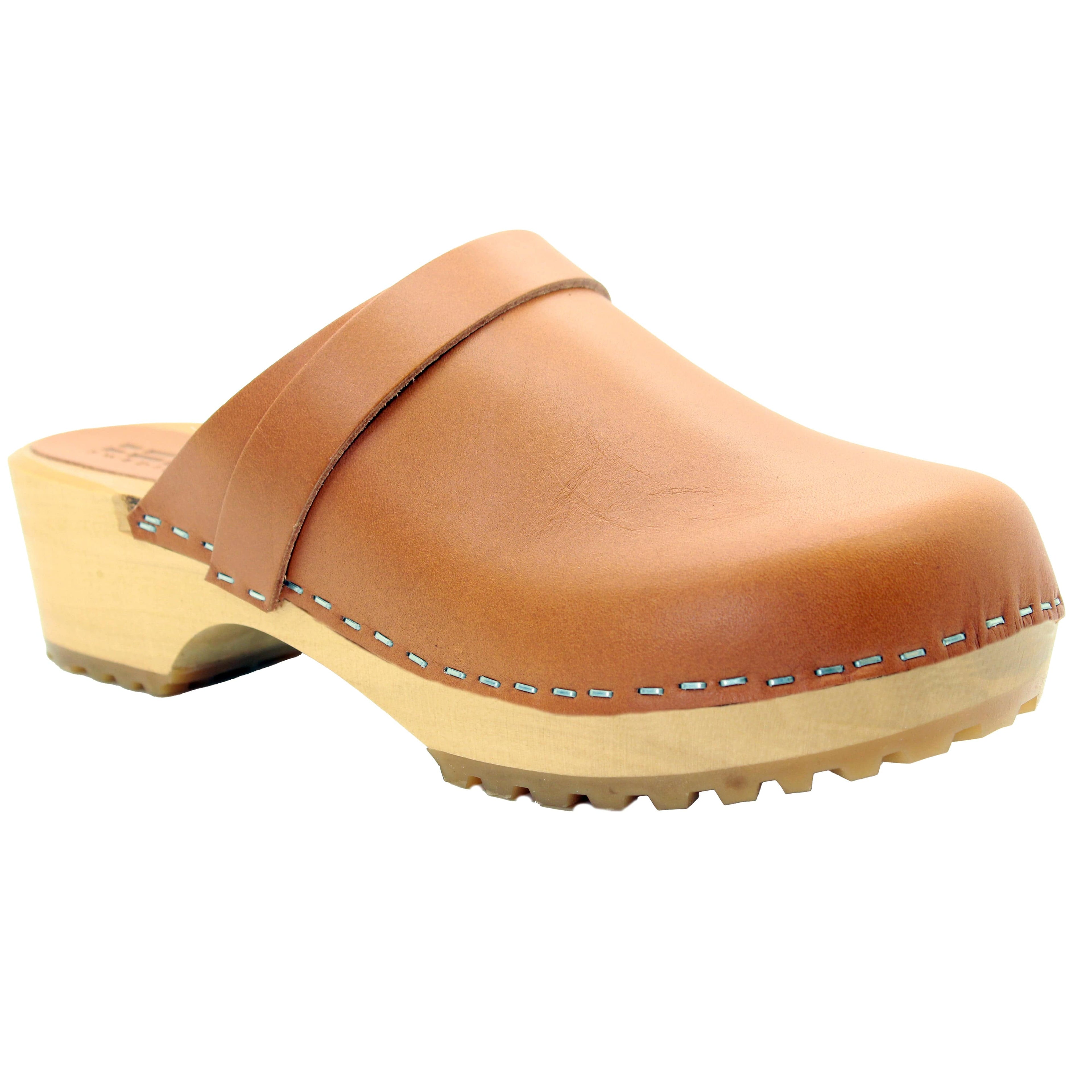 BJORK Tuva Wood Open Back Grip Caramel Veg Tan Leder Clogs - CLOSEOUT