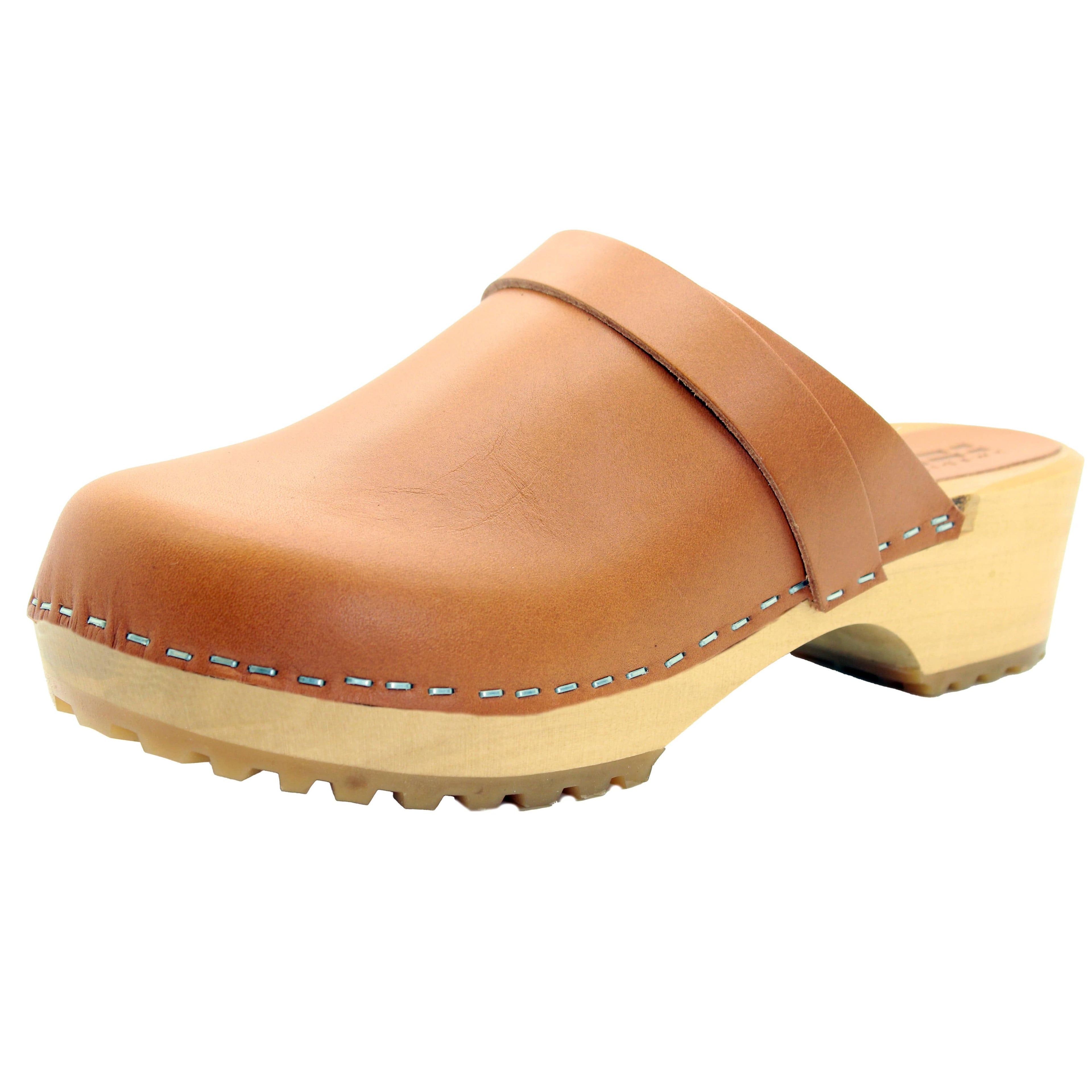 BJORK Tuva Wood Open Back Grip Caramel Veg Tan Leder Clogs - CLOSEOUT