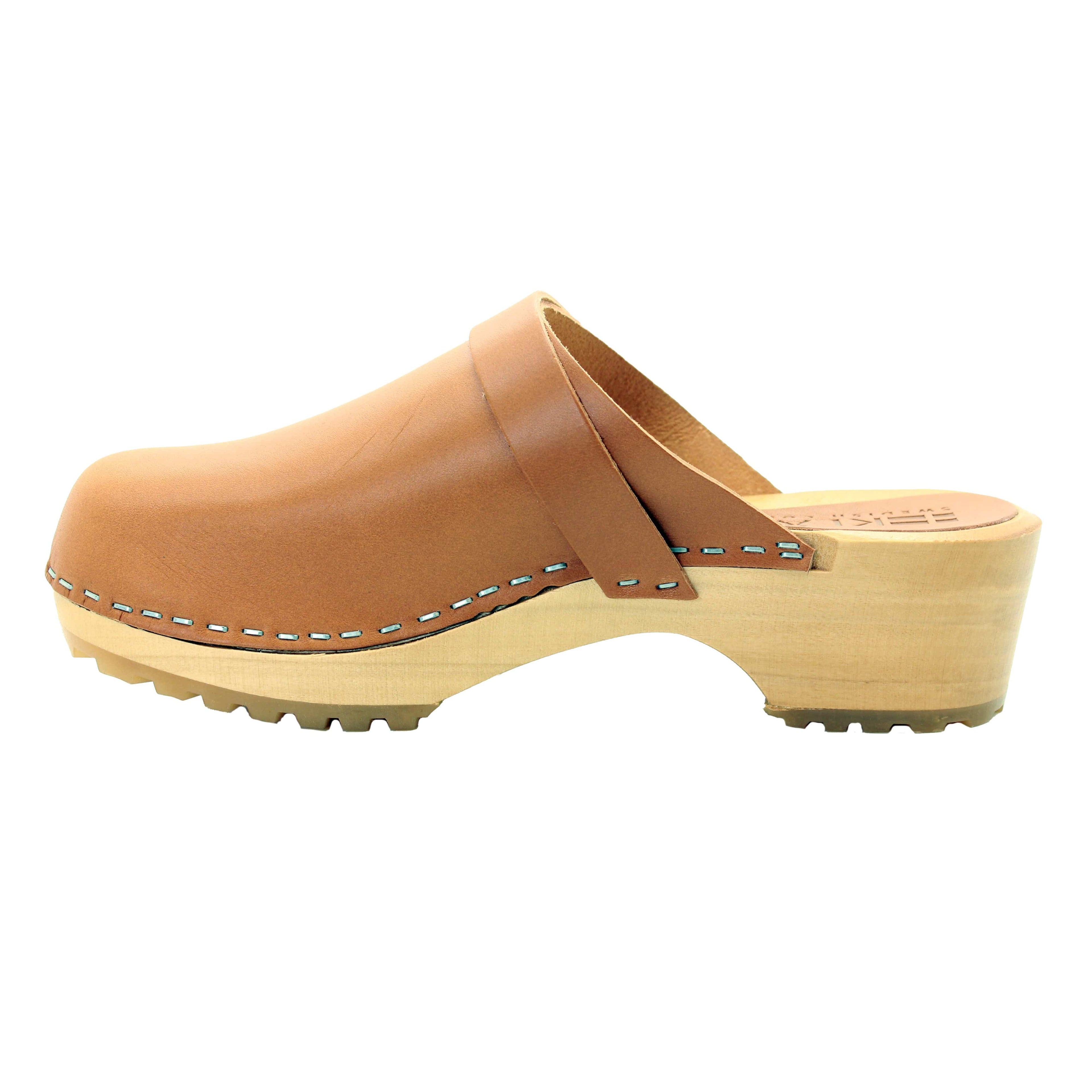 BJORK Tuva Wood Open Back Grip Caramel Veg Tan Leder Clogs - CLOSEOUT
