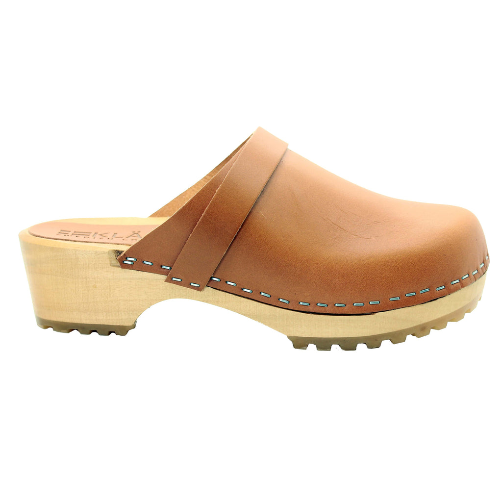 BJORK Tuva Wood Open Back Grip Caramel Veg Tan Leder Clogs - CLOSEOUT