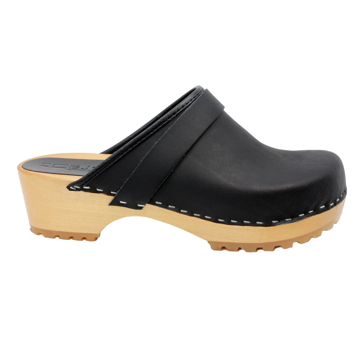 BJORK Tuva Wood Open Back Grip Black Natural Leather Clogs - CLOSEOUT