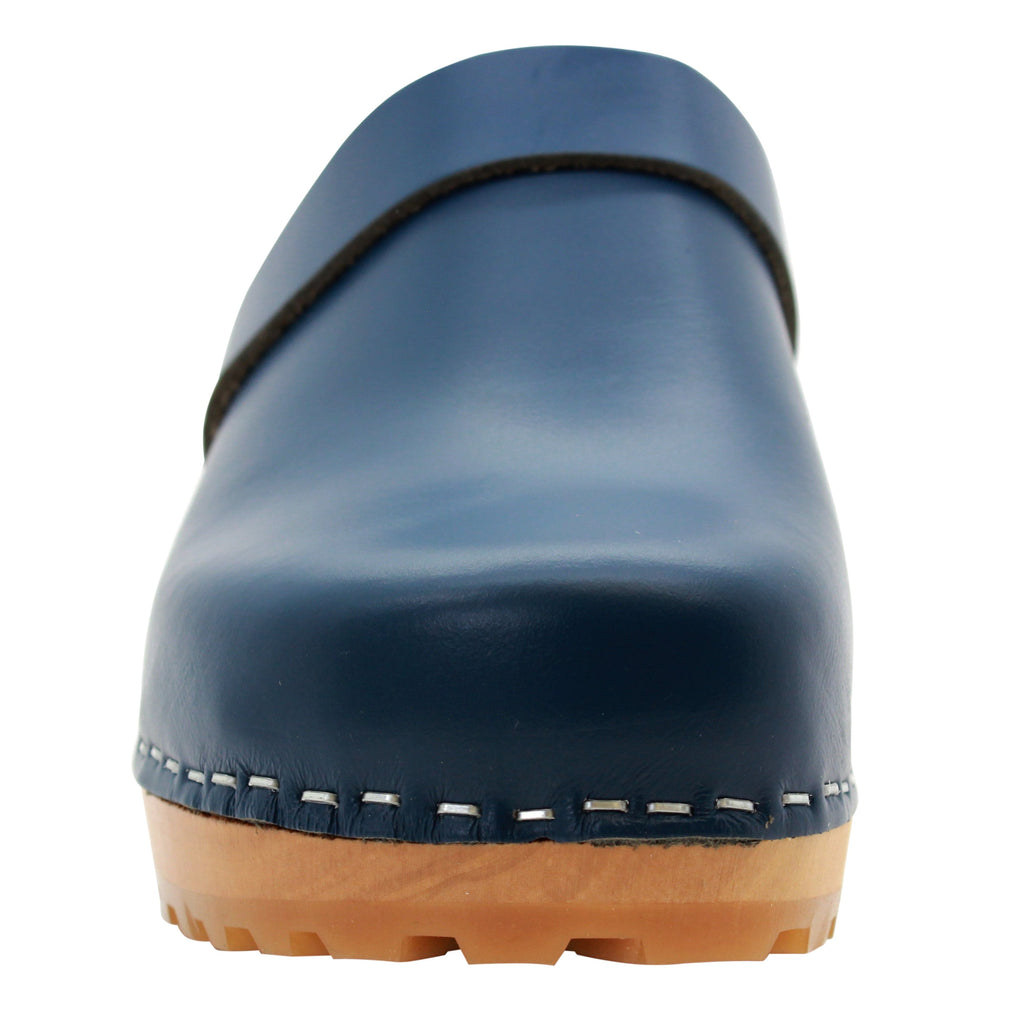 BJORK Tuva Wood Open Back Grip Cobalt Veg Tan Leather Clogs - CLOSEOUT