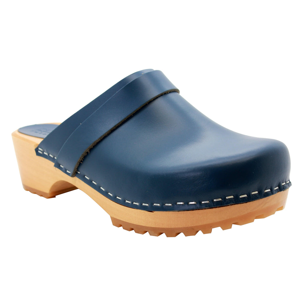 BJORK Tuva Wood Open Back Grip Cobalt Veg Tan Leather Clogs - CLOSEOUT