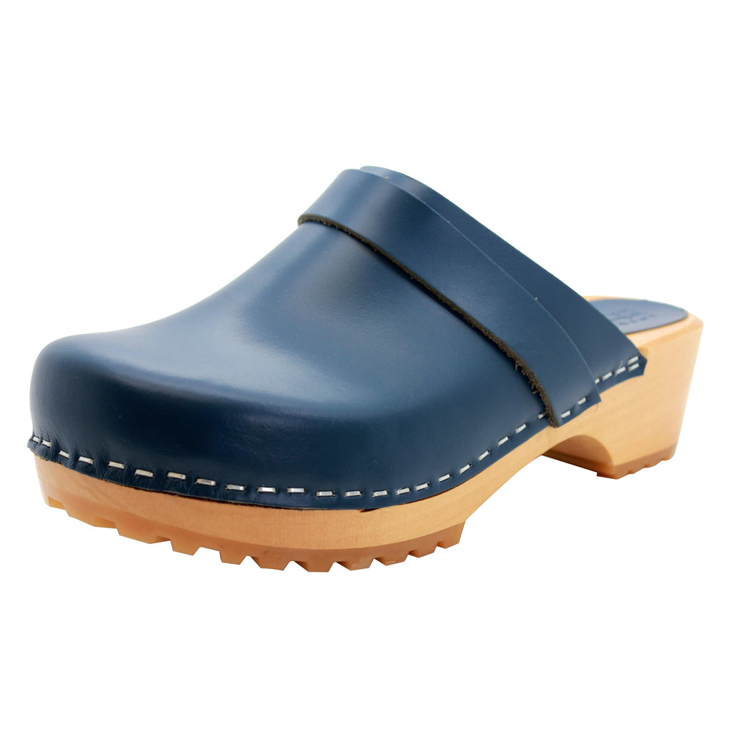 BJORK Tuva Wood Open Back Grip Cobalt Veg Tan Leather Clogs - CLOSEOUT
