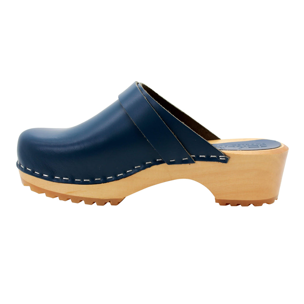 BJORK Tuva Wood Open Back Grip Cobalt Veg Tan Leather Clogs - CLOSEOUT