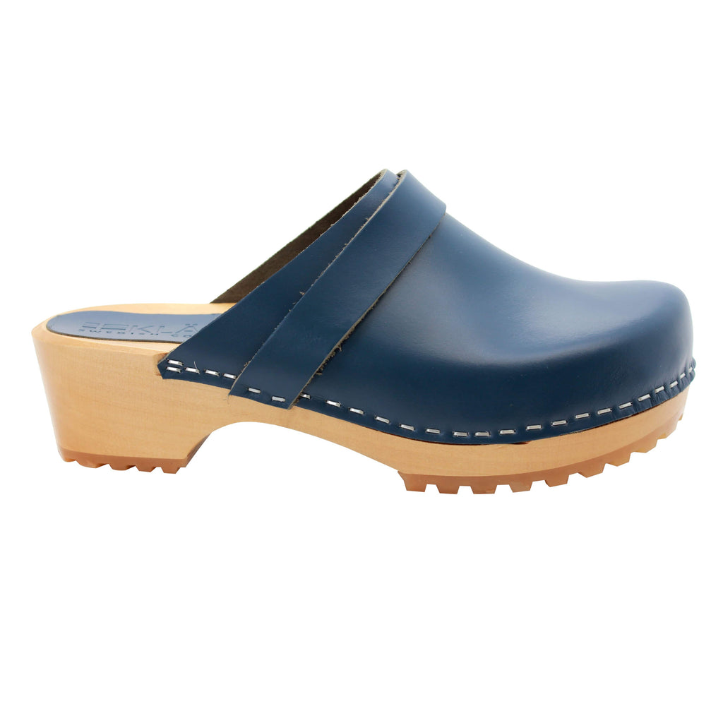 BJORK Tuva Wood Open Back Grip Cobalt Veg Tan Leather Clogs - CLOSEOUT