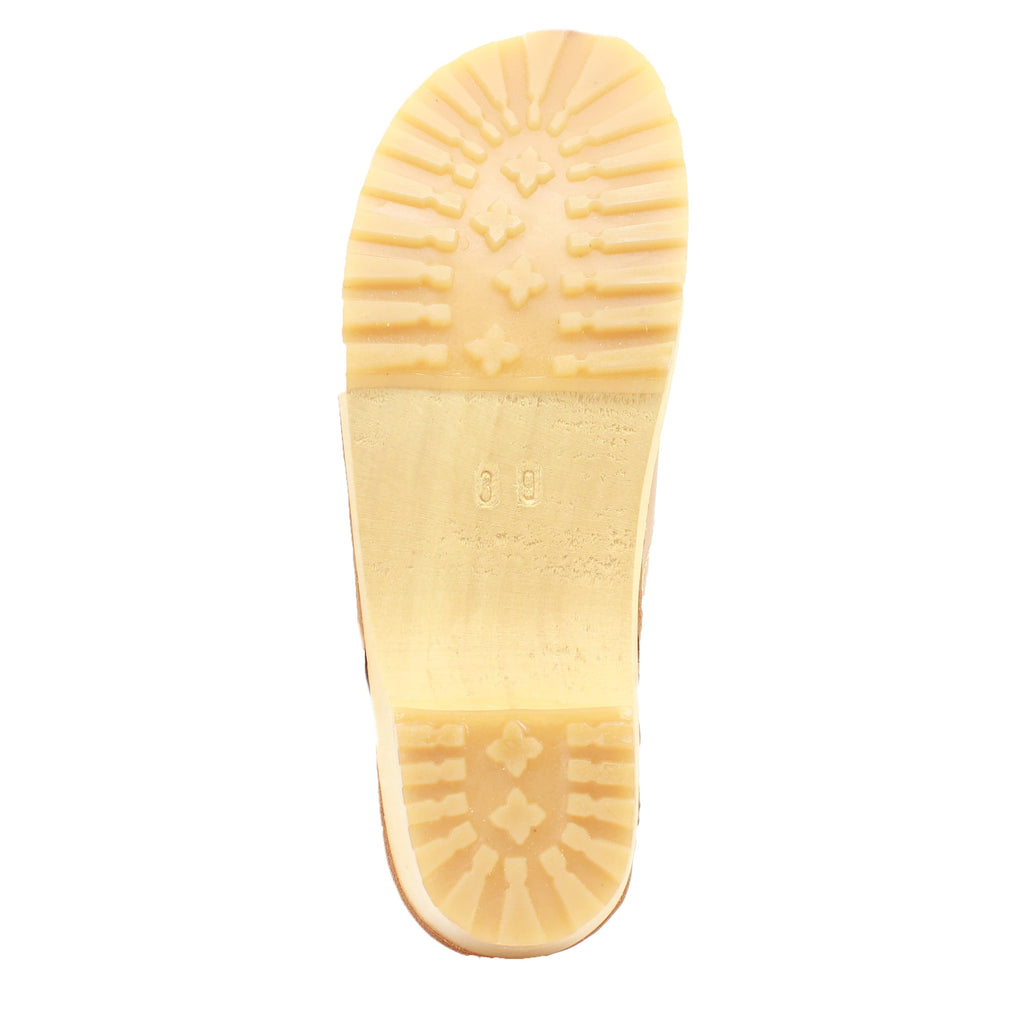 BJORK Tuva Wood Open Back Grip Cobalt Veg Tan Leather Clogs - CLOSEOUT