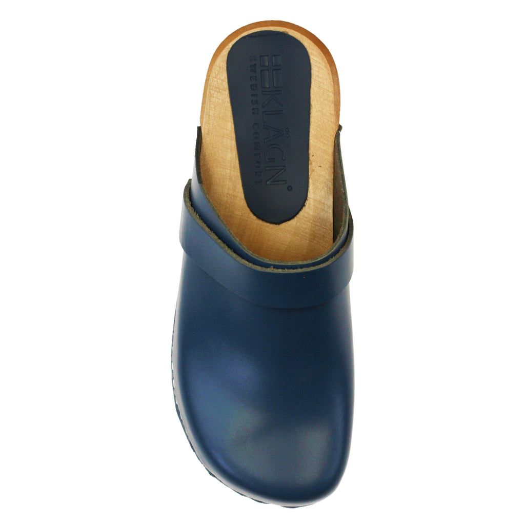 BJORK Tuva Wood Open Back Grip Cobalt Veg Tan Leather Clogs - CLOSEOUT