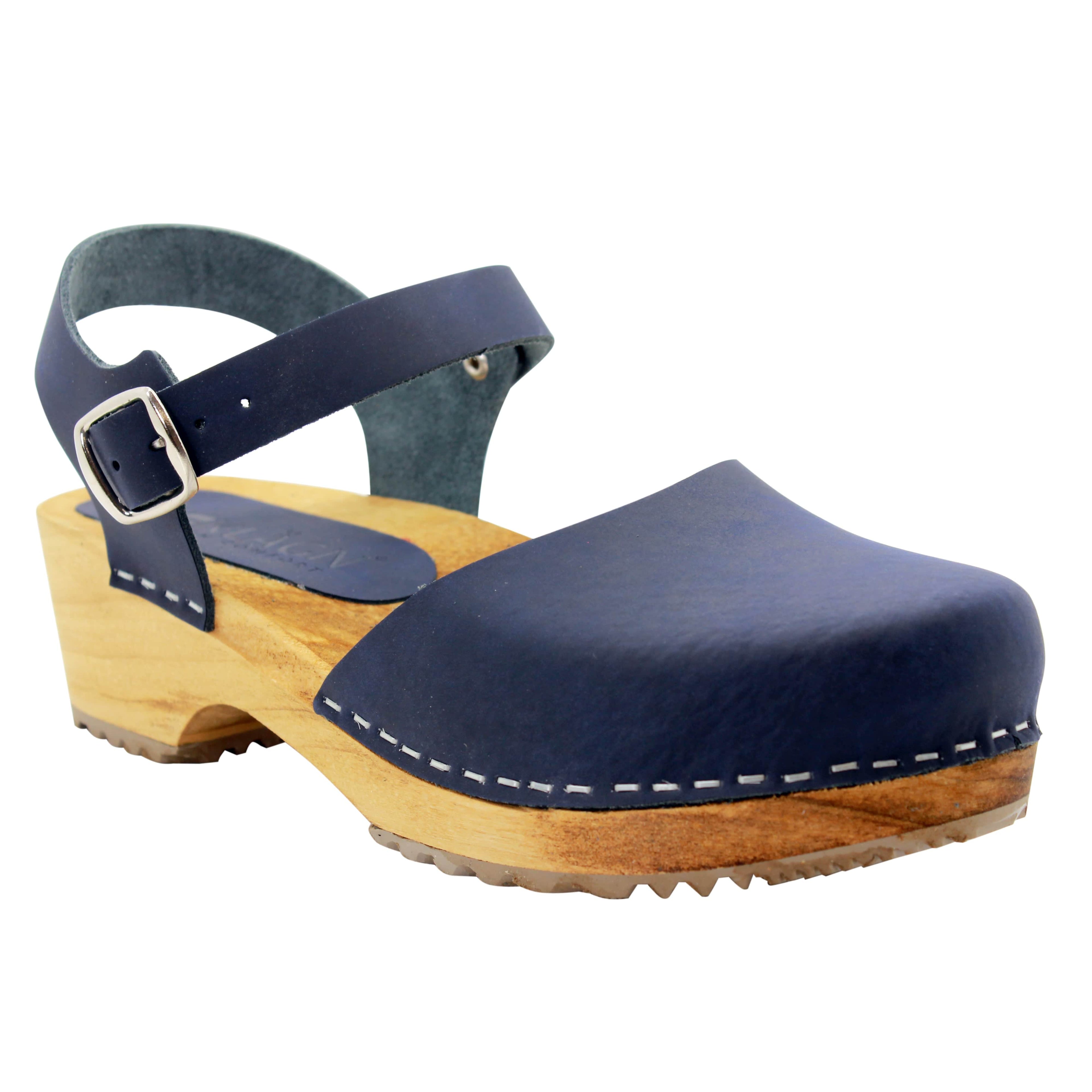 BJORK ALMA Schwedische Holzklauen Marine Ledersandalen
