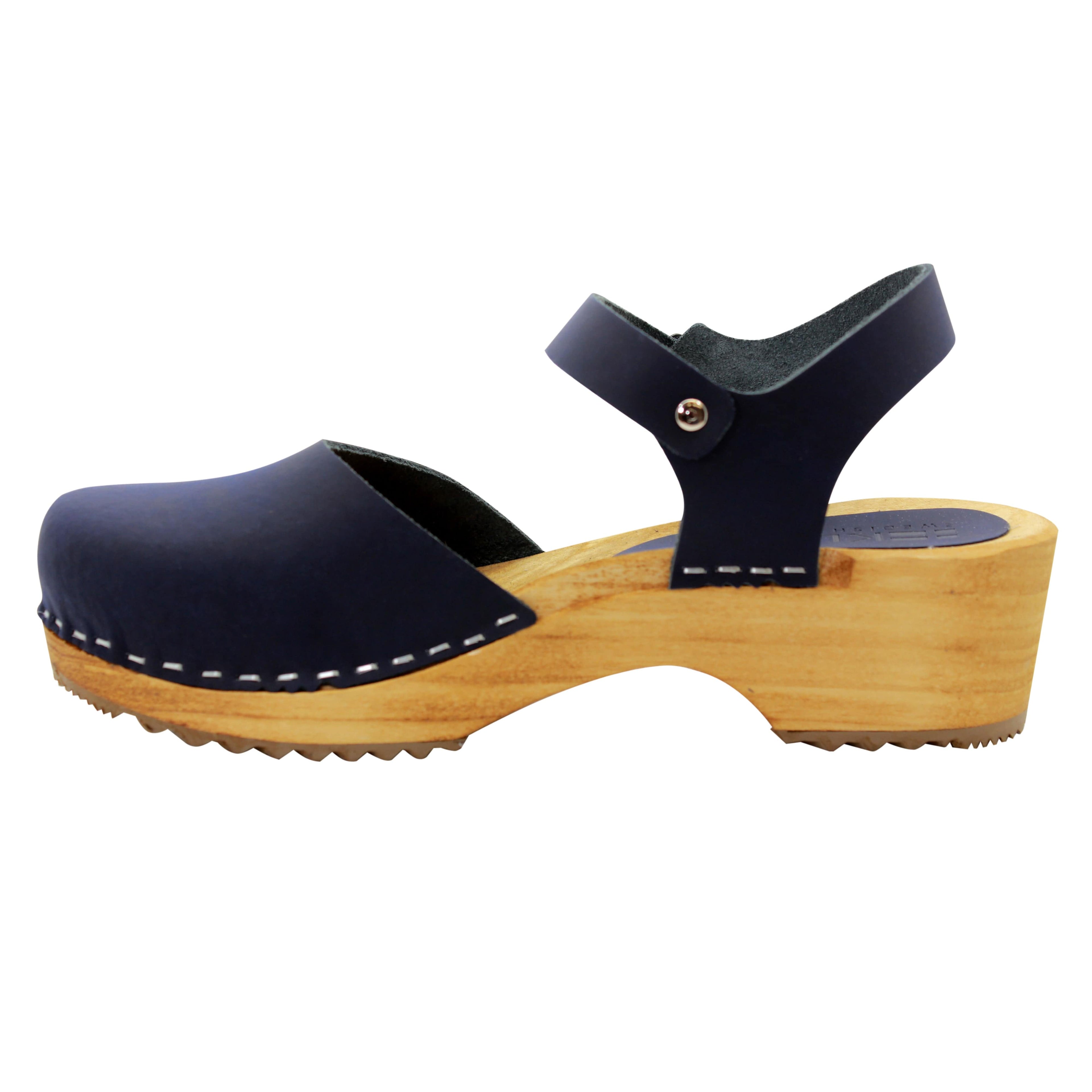 BJORK ALMA Schwedische Holzklauen Marine Ledersandalen