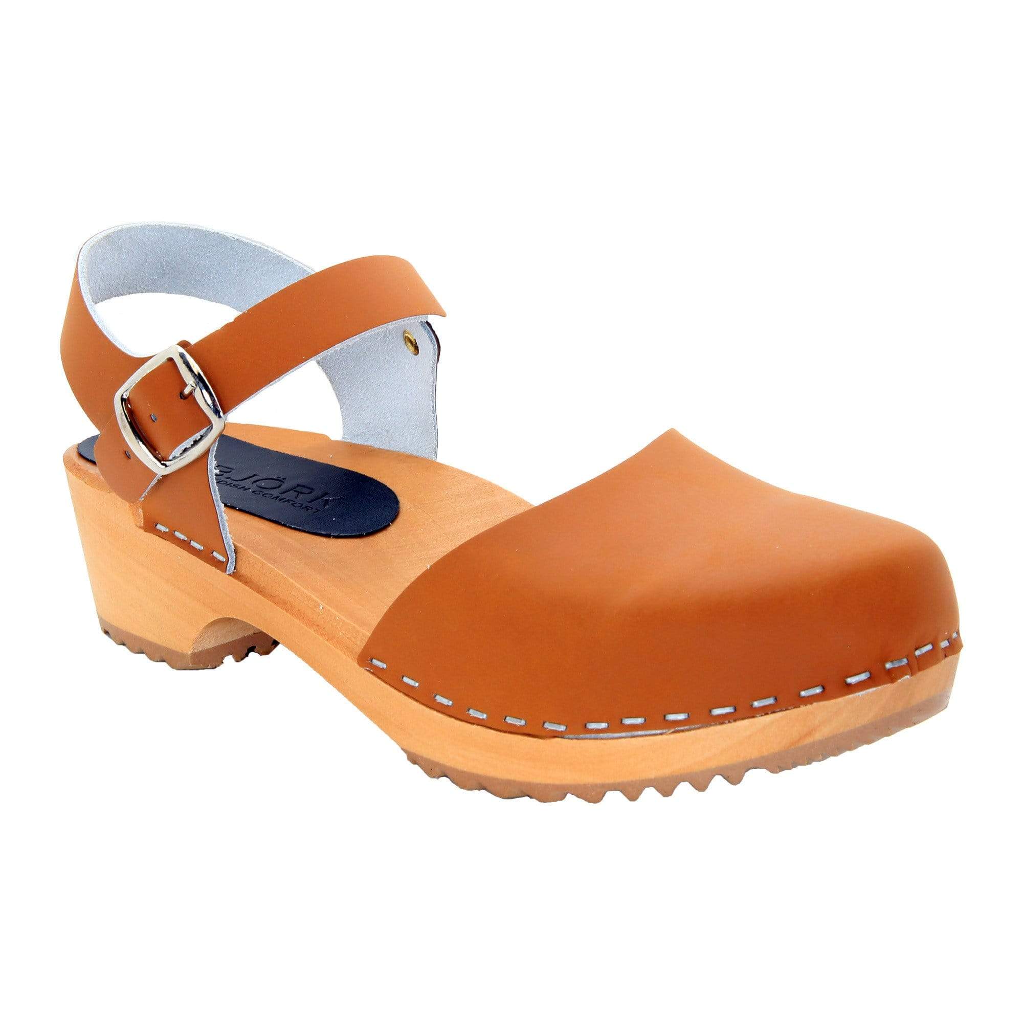 BJORK ALMA Schwedische Holzlogze Cognac Ledersandalen