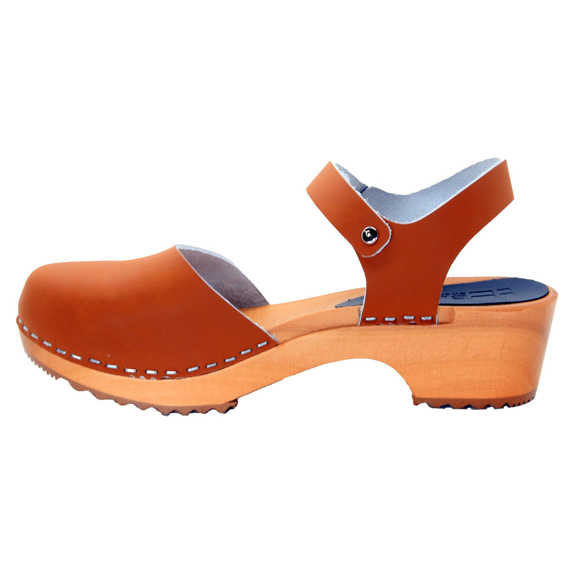 BJORK ALMA Schwedische Holzlogze Cognac Ledersandalen