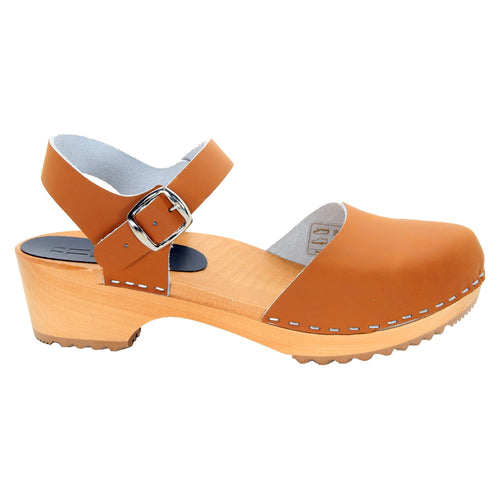 BJORK ALMA Schwedische Holzlogze Cognac Ledersandalen
