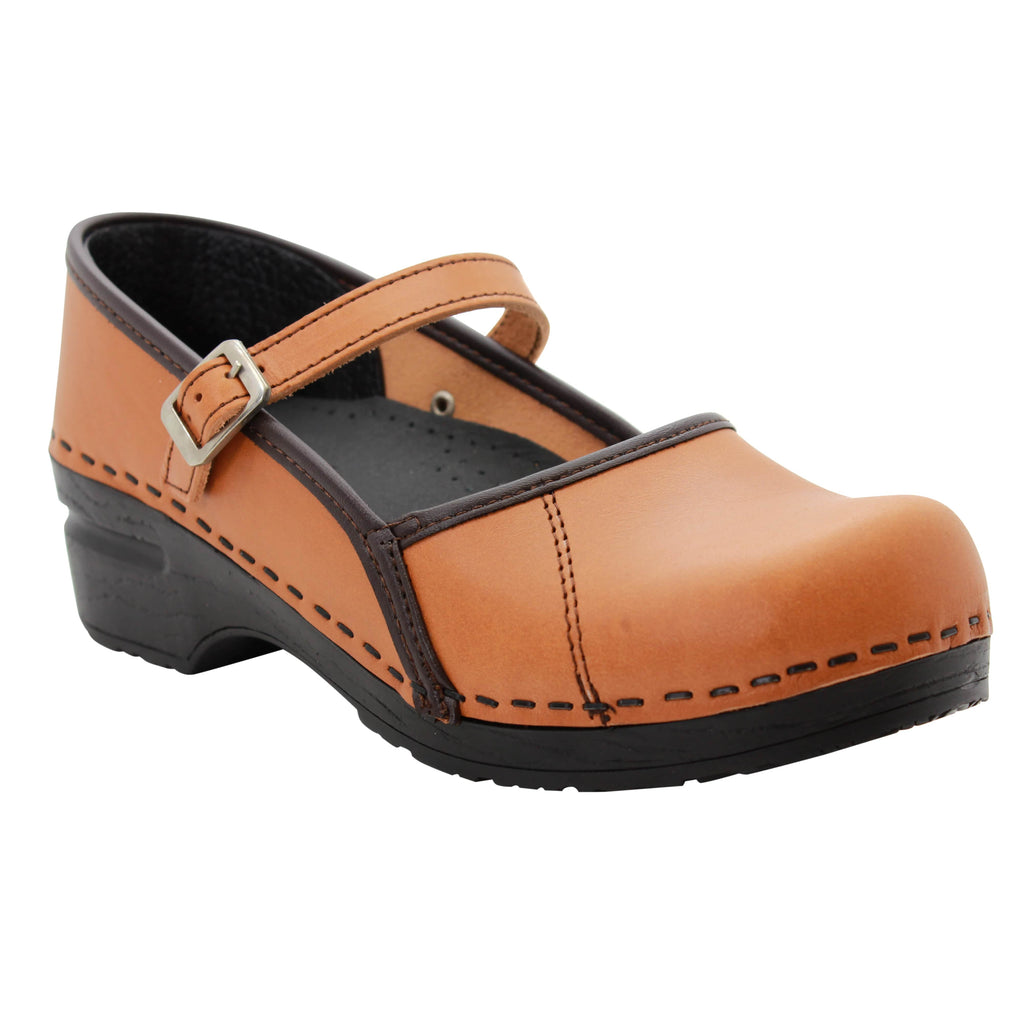 BJORK MARCELLA Mary Jane Caramel Veg Tan Leather Clogs — CLOSEOUT