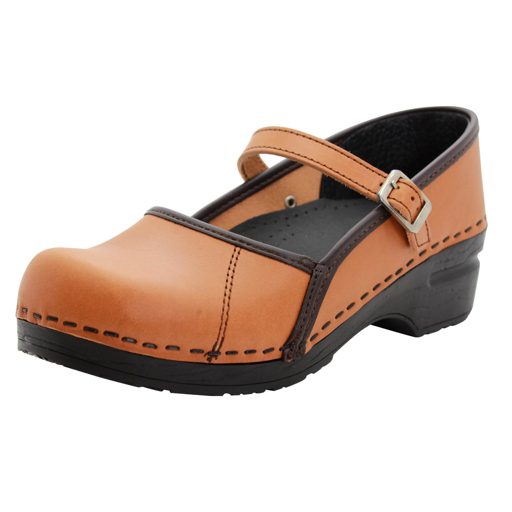 BJORK MARCELLA Mary Jane Caramel Veg Tan Leather Clogs — CLOSEOUT