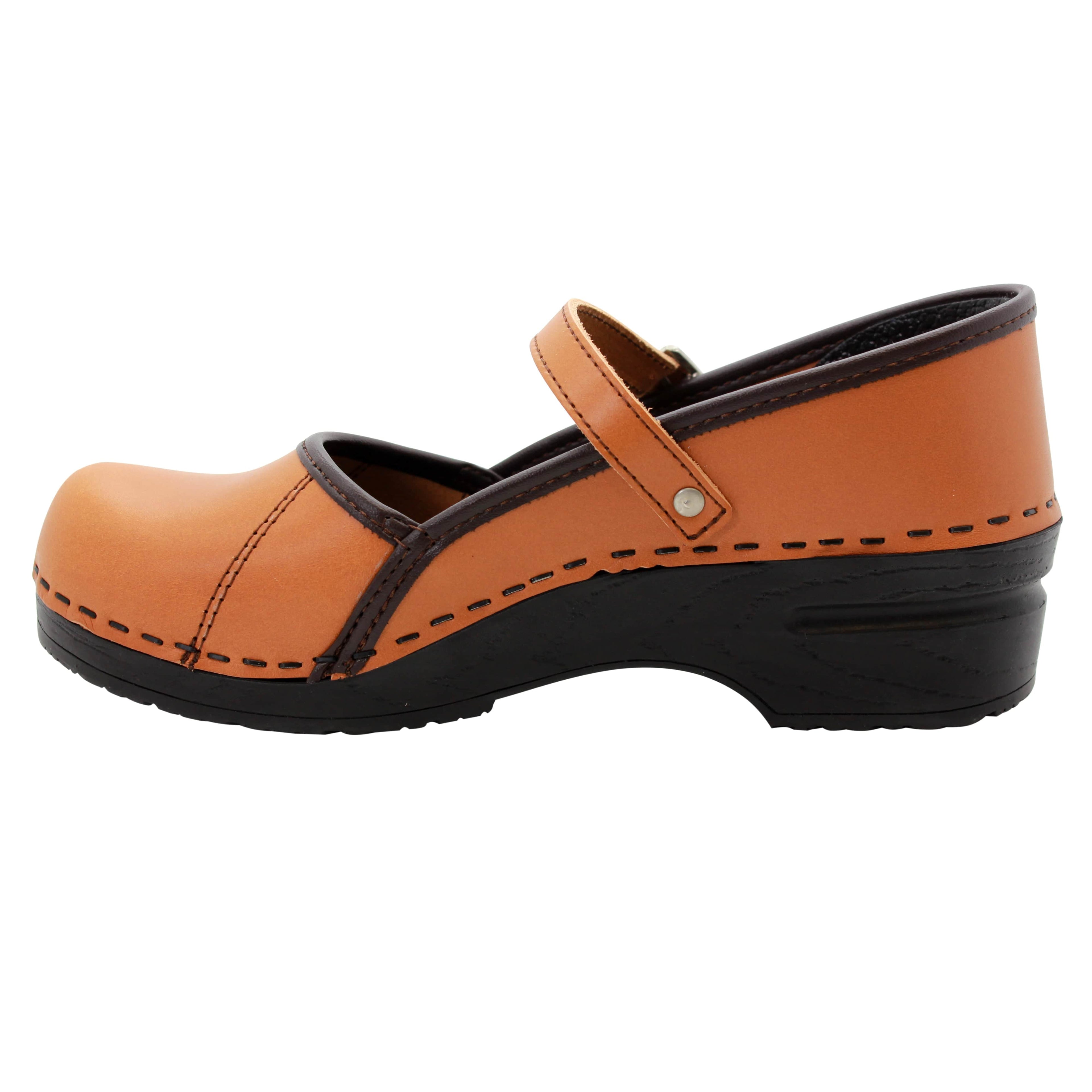 BJORK MARCELLA Mary Jane Caramel Veg Tan Leather Clogs — CLOSEOUT