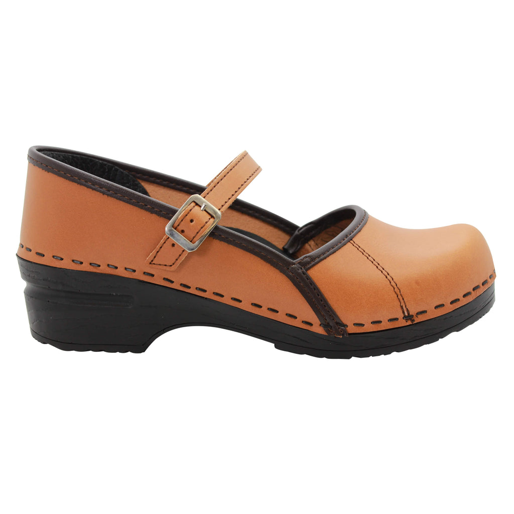 BJORK MARCELLA Mary Jane Caramel Veg Tan Leather Clogs — CLOSEOUT