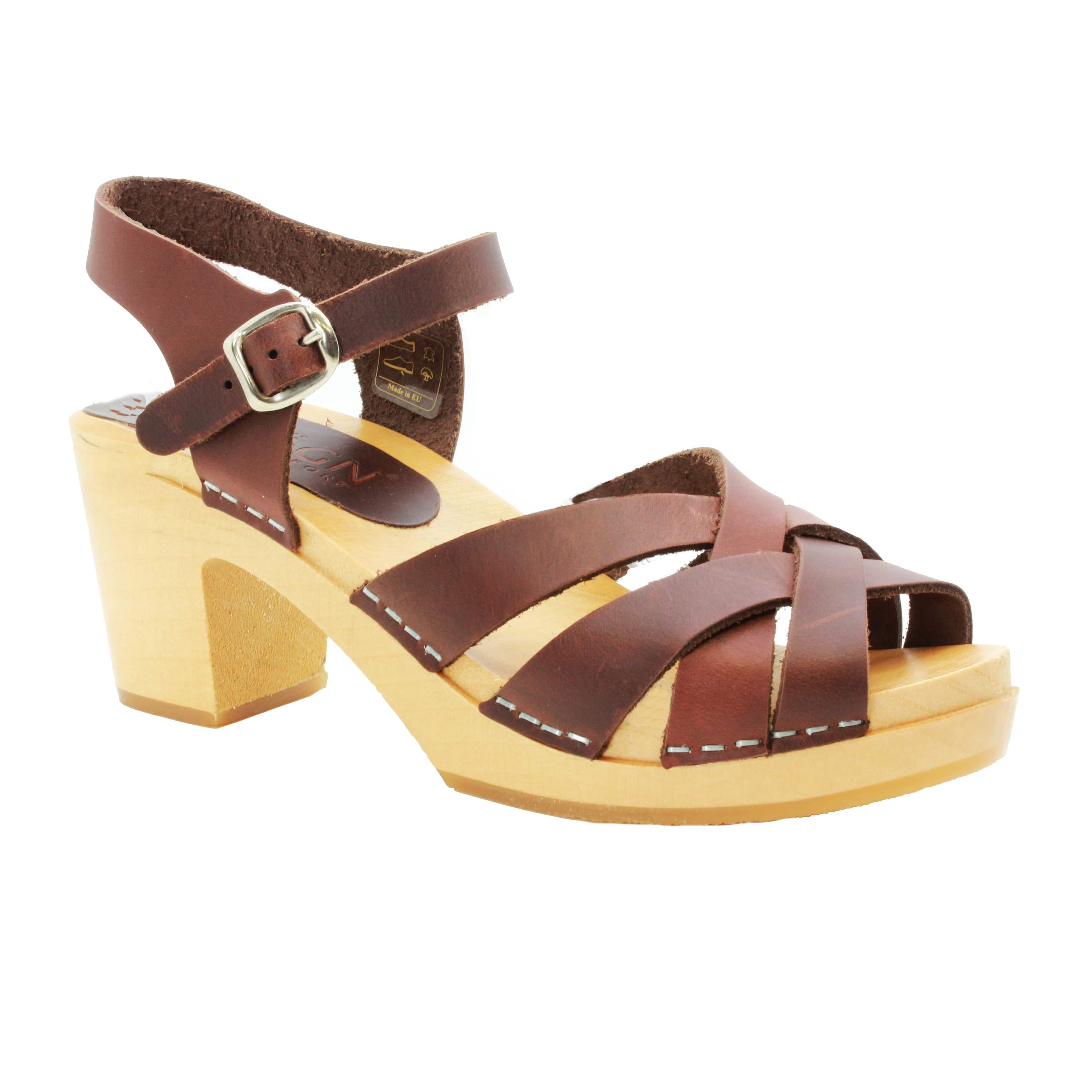 BJORK ULLA Schwedische Holzklauensandalen in braunem Leder