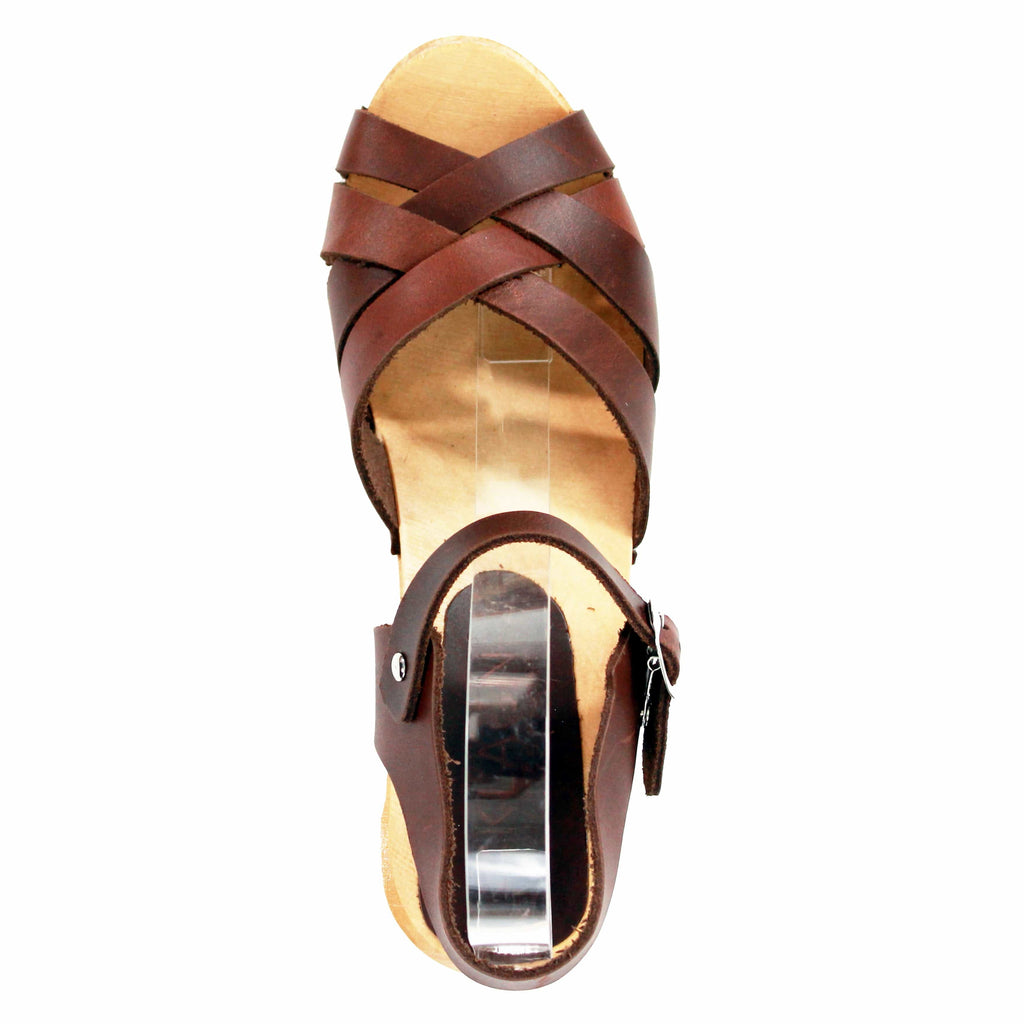 BJORK ULLA Schwedische Holzklauensandalen in braunem Leder