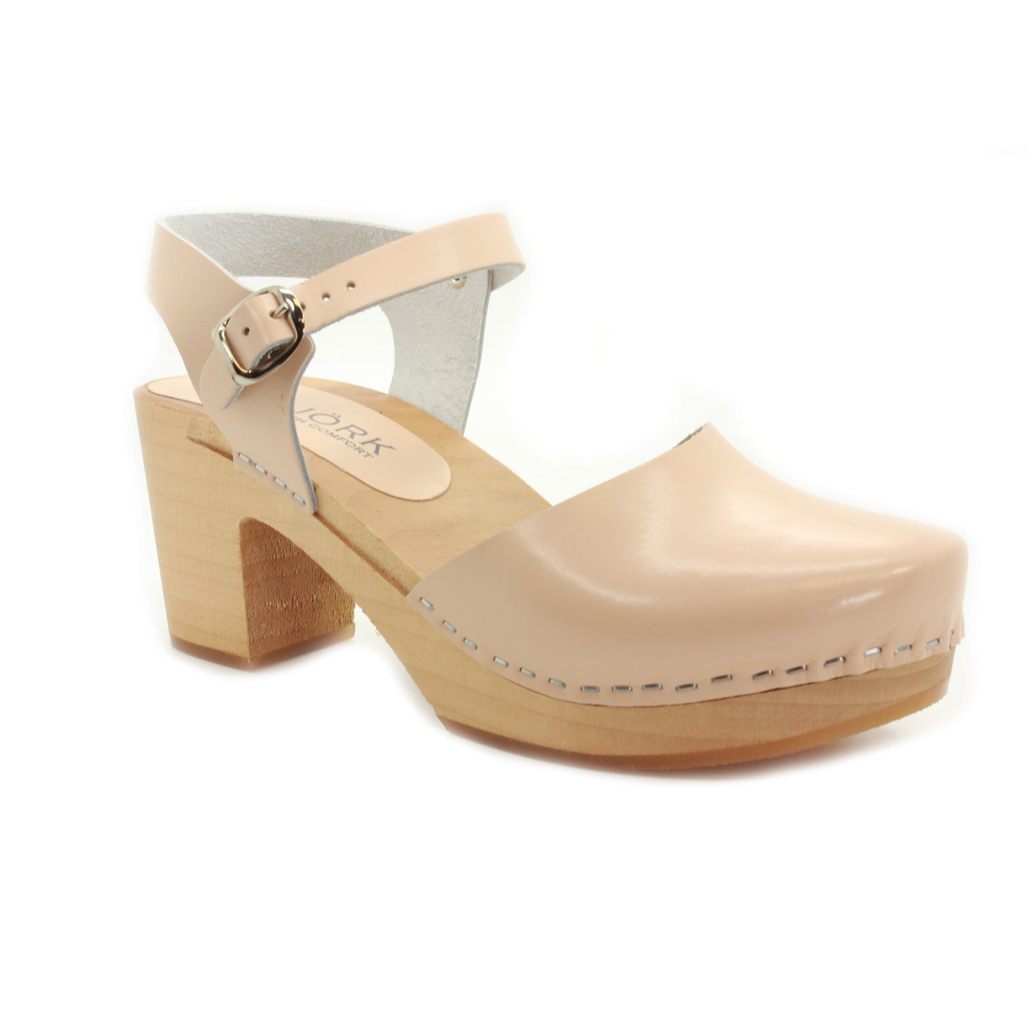 BJORK MARGARETA Schwedische Holzklauensandalen in Elfenbeinleder - CLOSEOUT