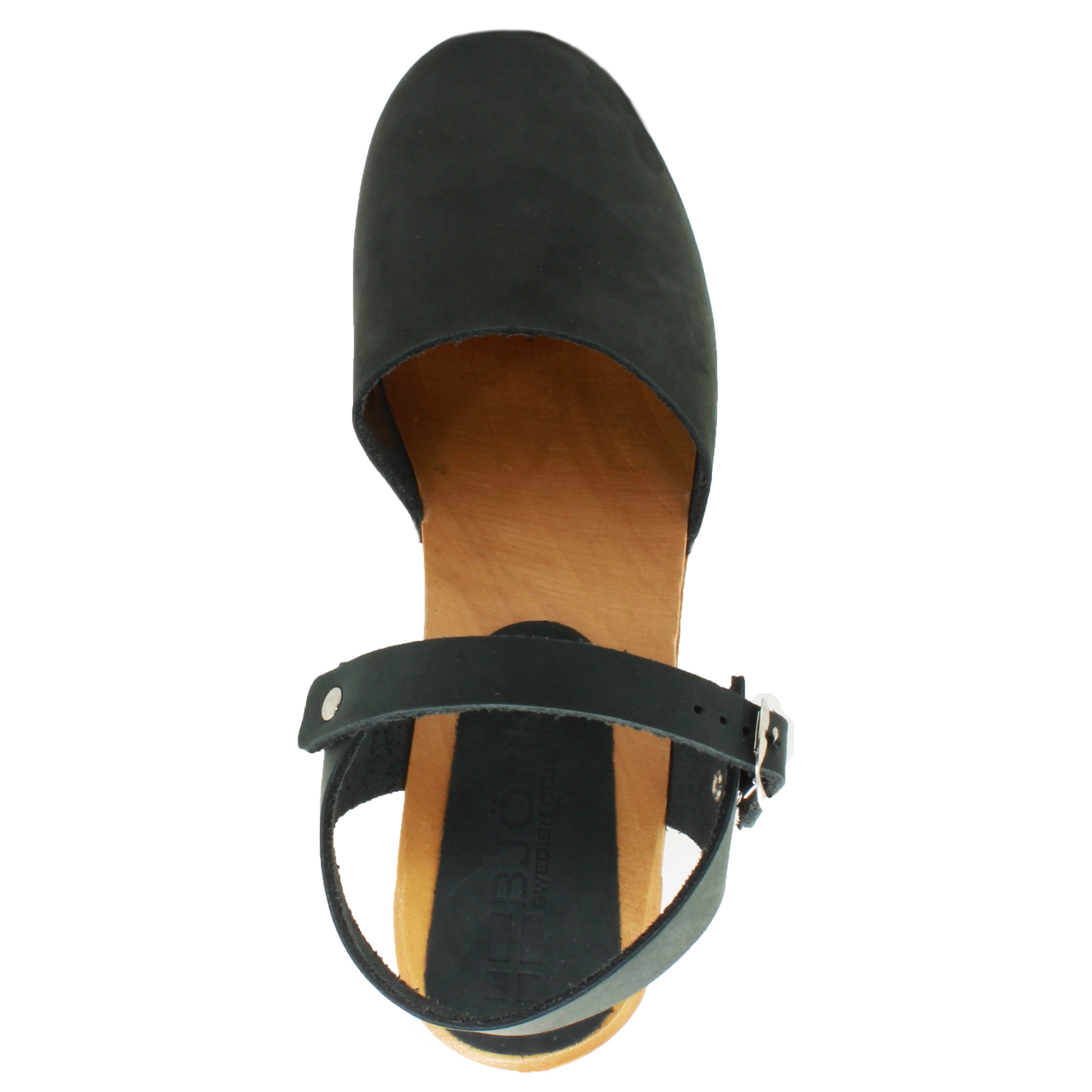 BJORK MARGARETA Schwedische Holzklauensandalen in Waldgrünes geöltes Leder