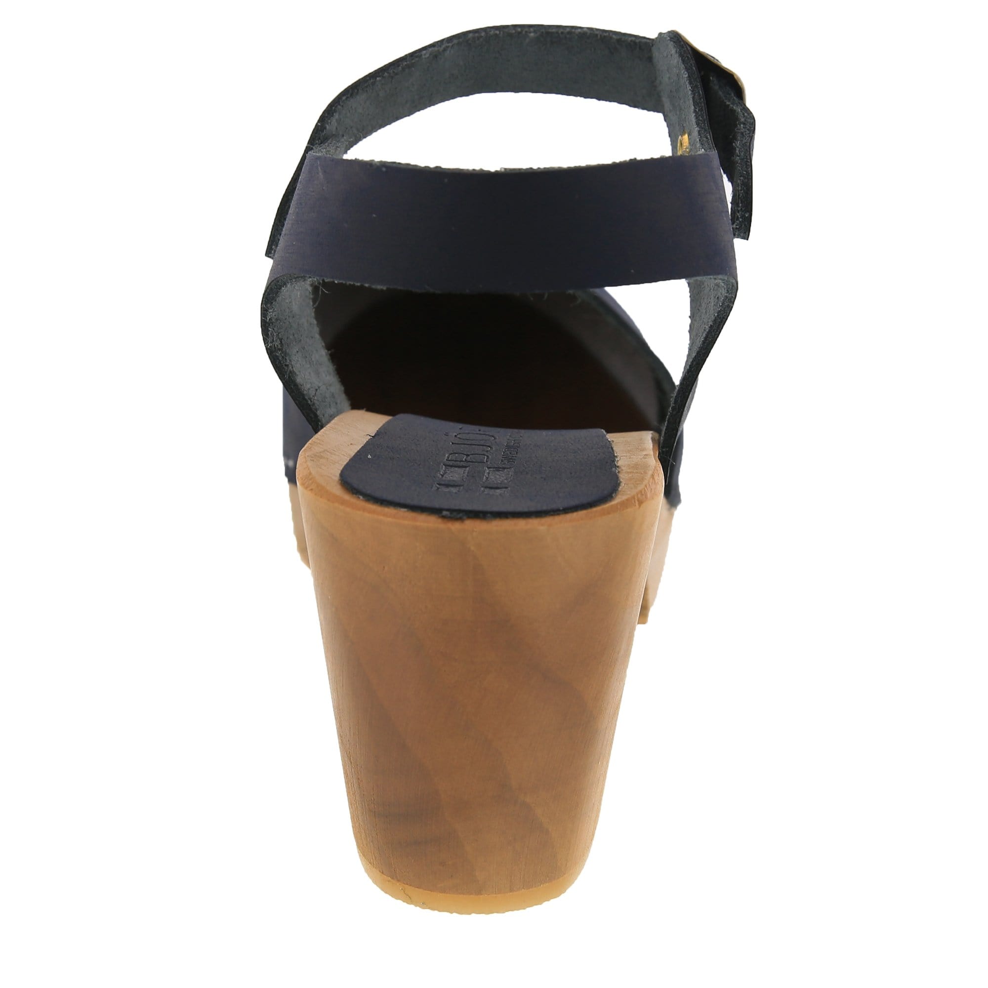 BJORK MARGARETA Schwedische Holzklauensandalen in geöltem Leder der Marine