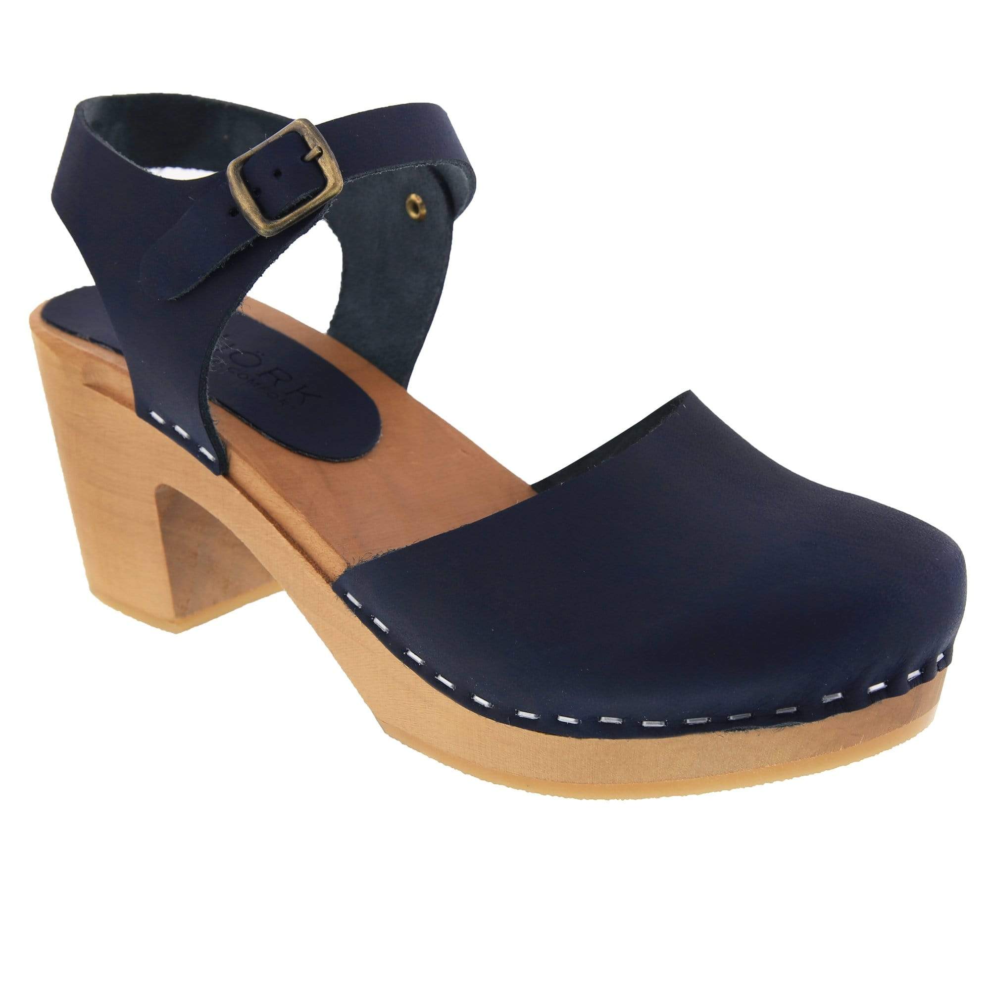 BJORK MARGARETA Schwedische Holzklauensandalen in geöltem Leder der Marine