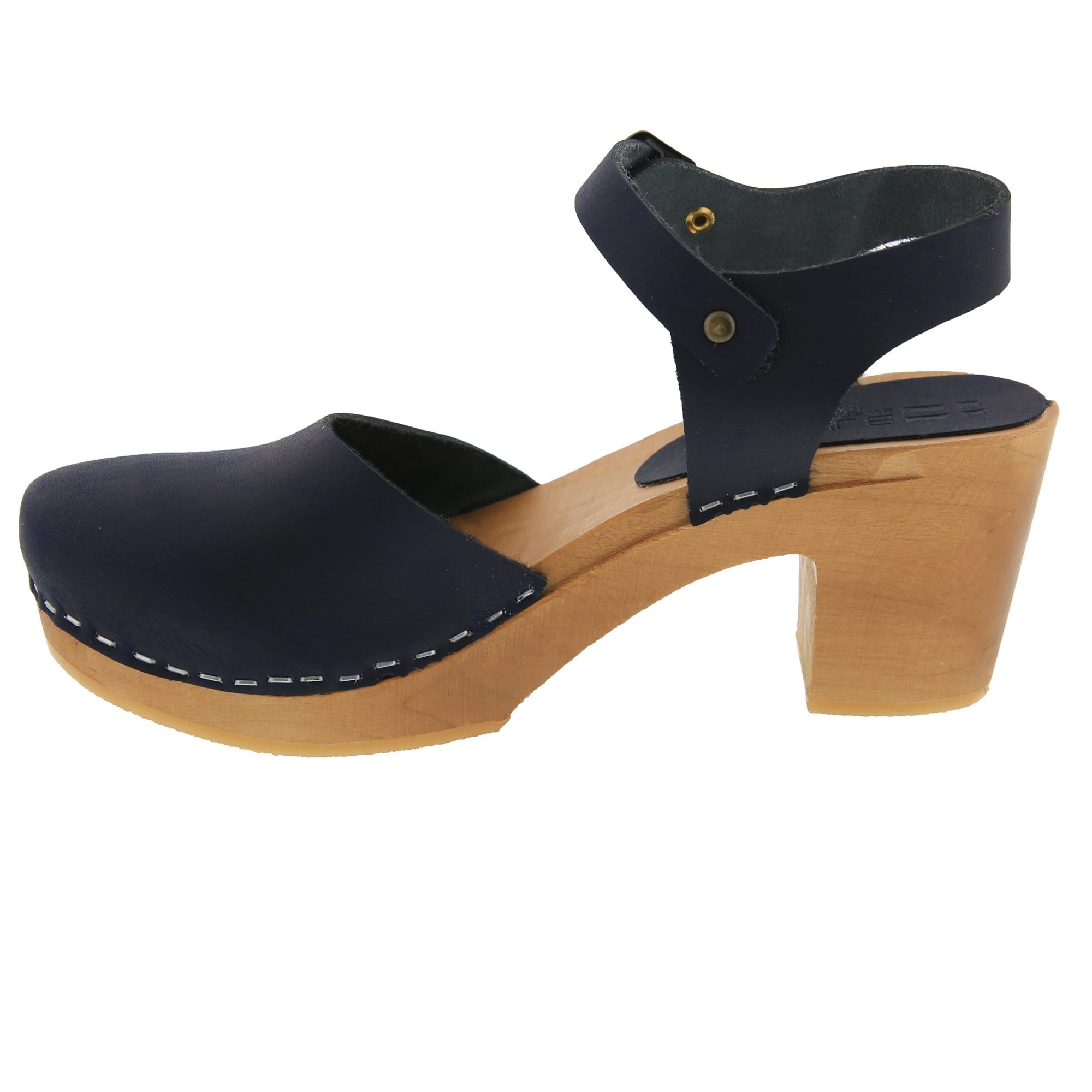 BJORK MARGARETA Schwedische Holzklauensandalen in geöltem Leder der Marine