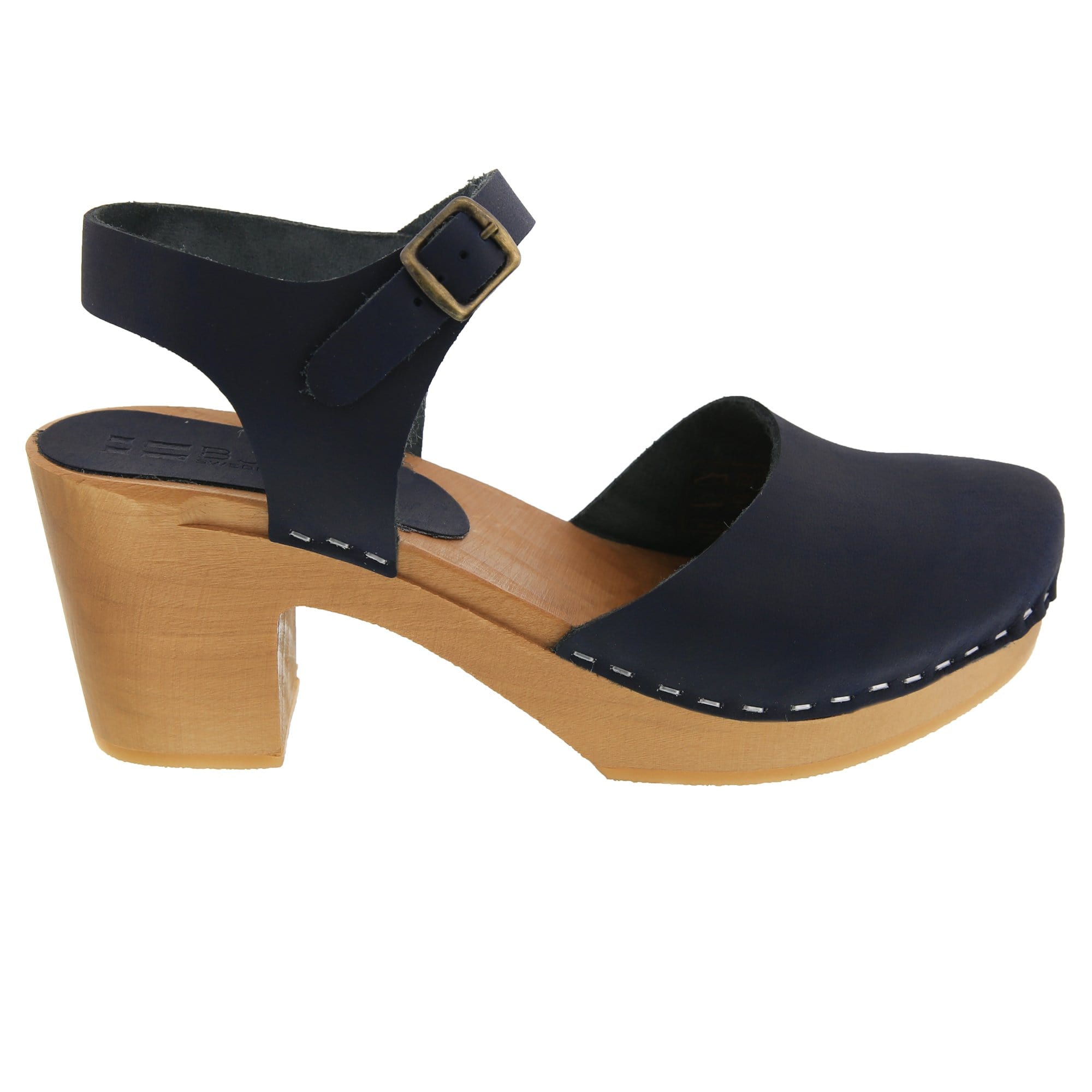 BJORK MARGARETA Schwedische Holzklauensandalen in geöltem Leder der Marine