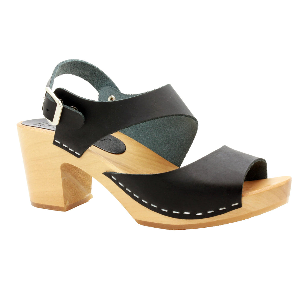 BJORK MARIE Schwedische Holzklauensandalen in schwarzem Leder - CLOSEOUT
