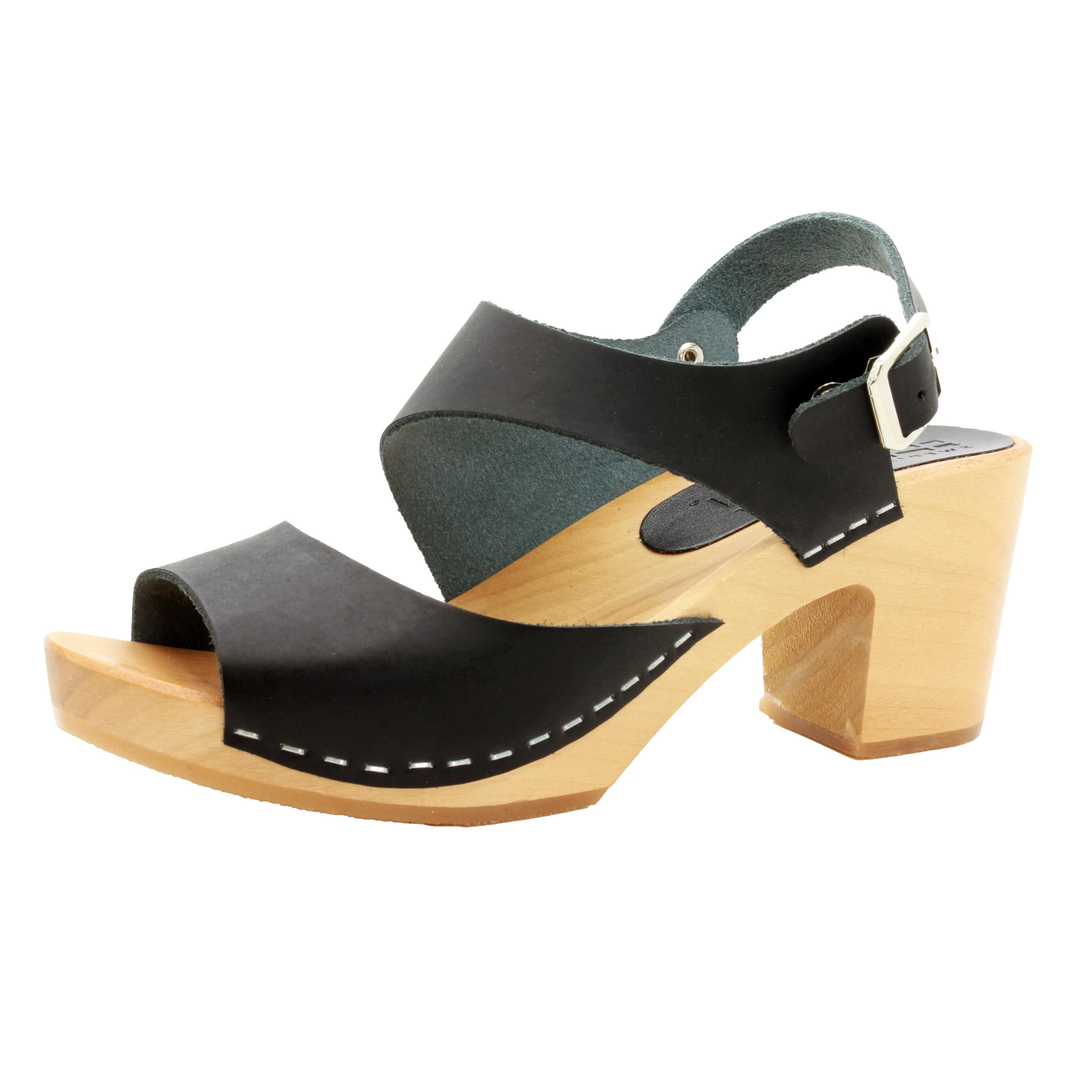 BJORK MARIE Schwedische Holzklauensandalen in schwarzem Leder - CLOSEOUT