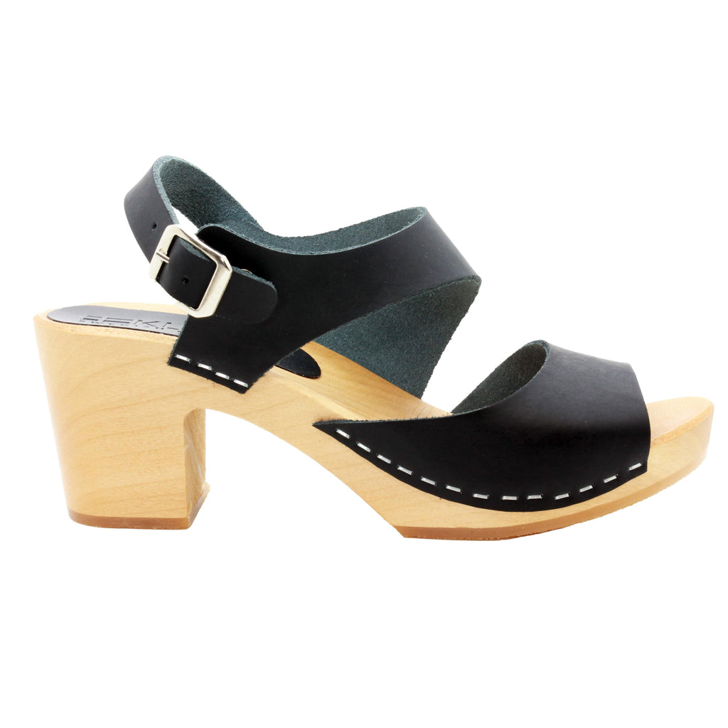 BJORK MARIE Schwedische Holzklauensandalen in schwarzem Leder - CLOSEOUT