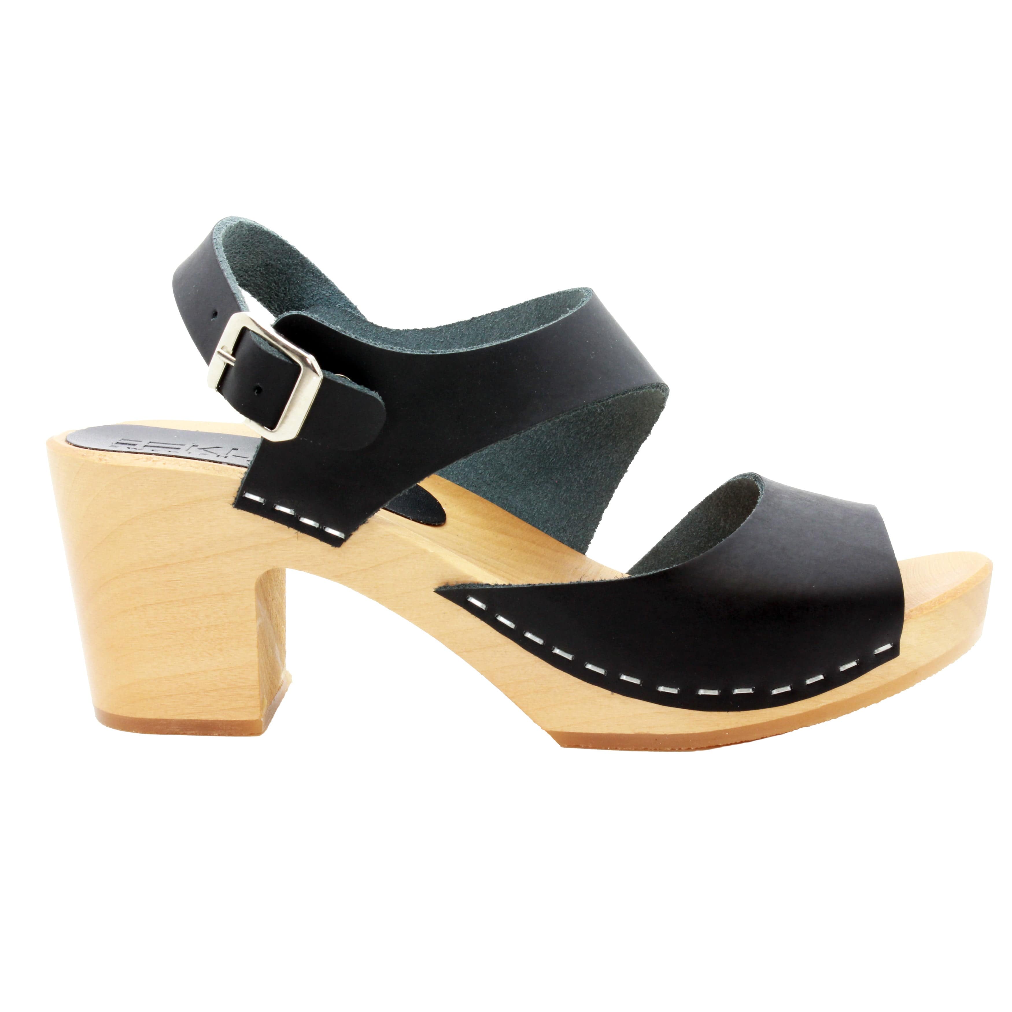 BJORK MARIE Schwedische Holzklauensandalen in schwarzem Leder - CLOSEOUT