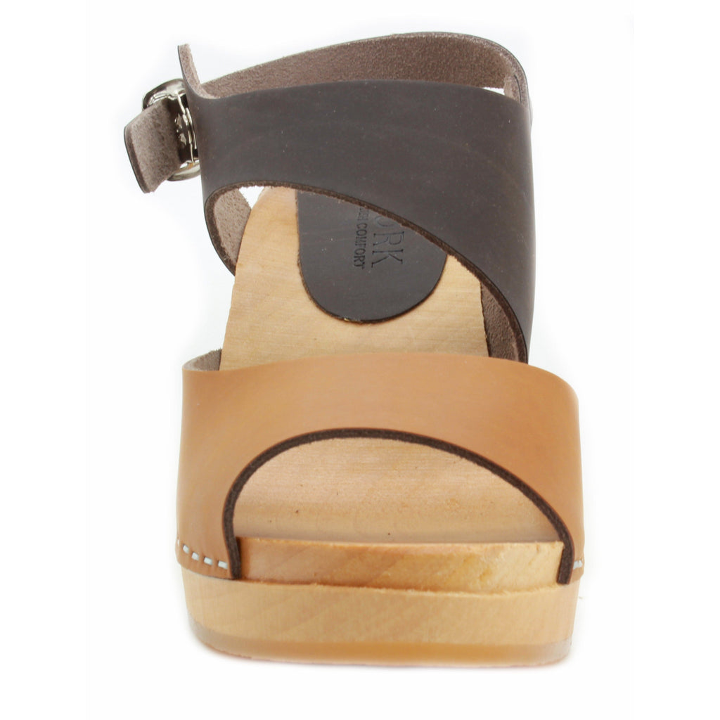 BJORK MARIE Schwedische Holzklauensandalen in kombinbraunem, geöltem Leder - CLOSEOUT
