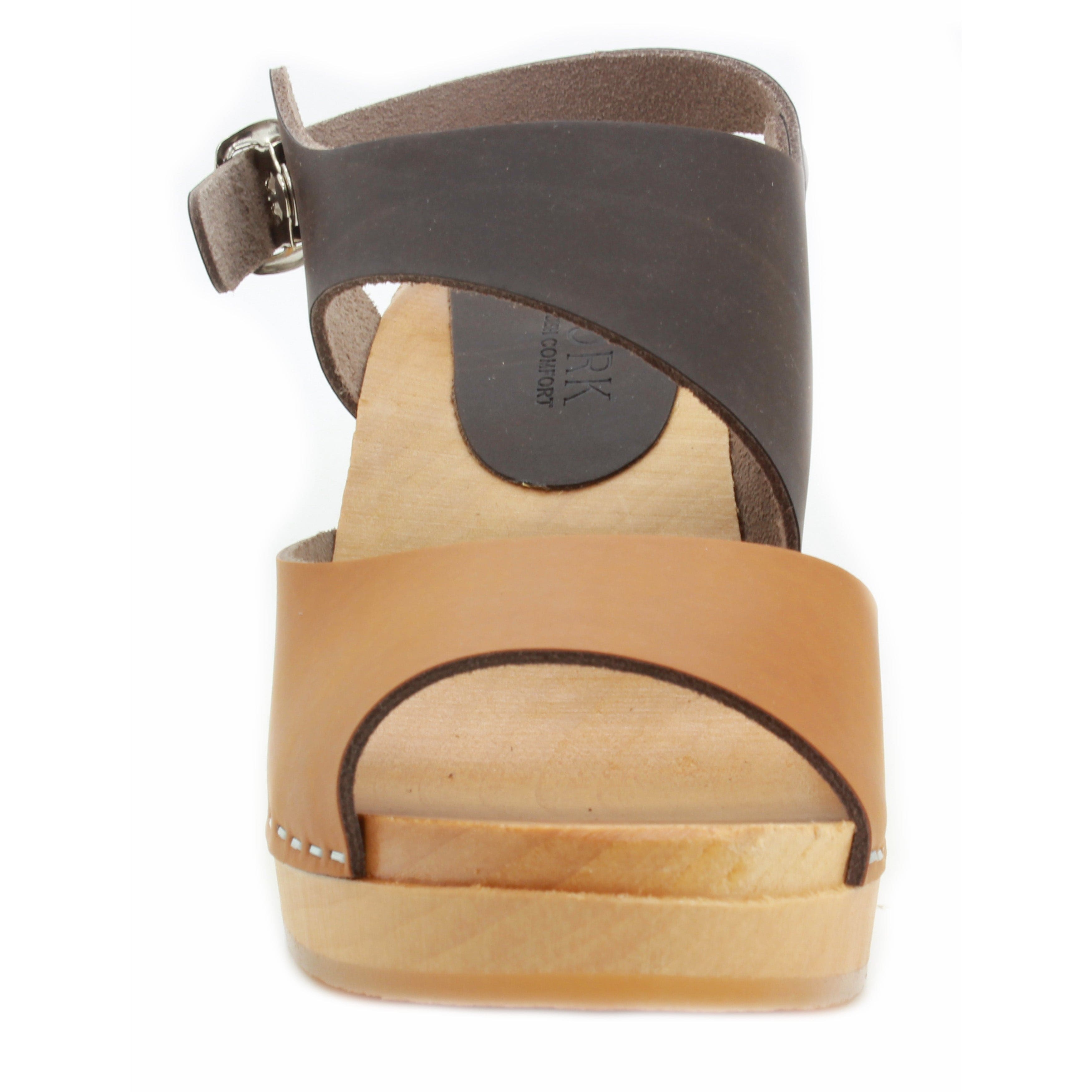 BJORK MARIE Schwedische Holzklauensandalen in kombinbraunem, geöltem Leder - CLOSEOUT