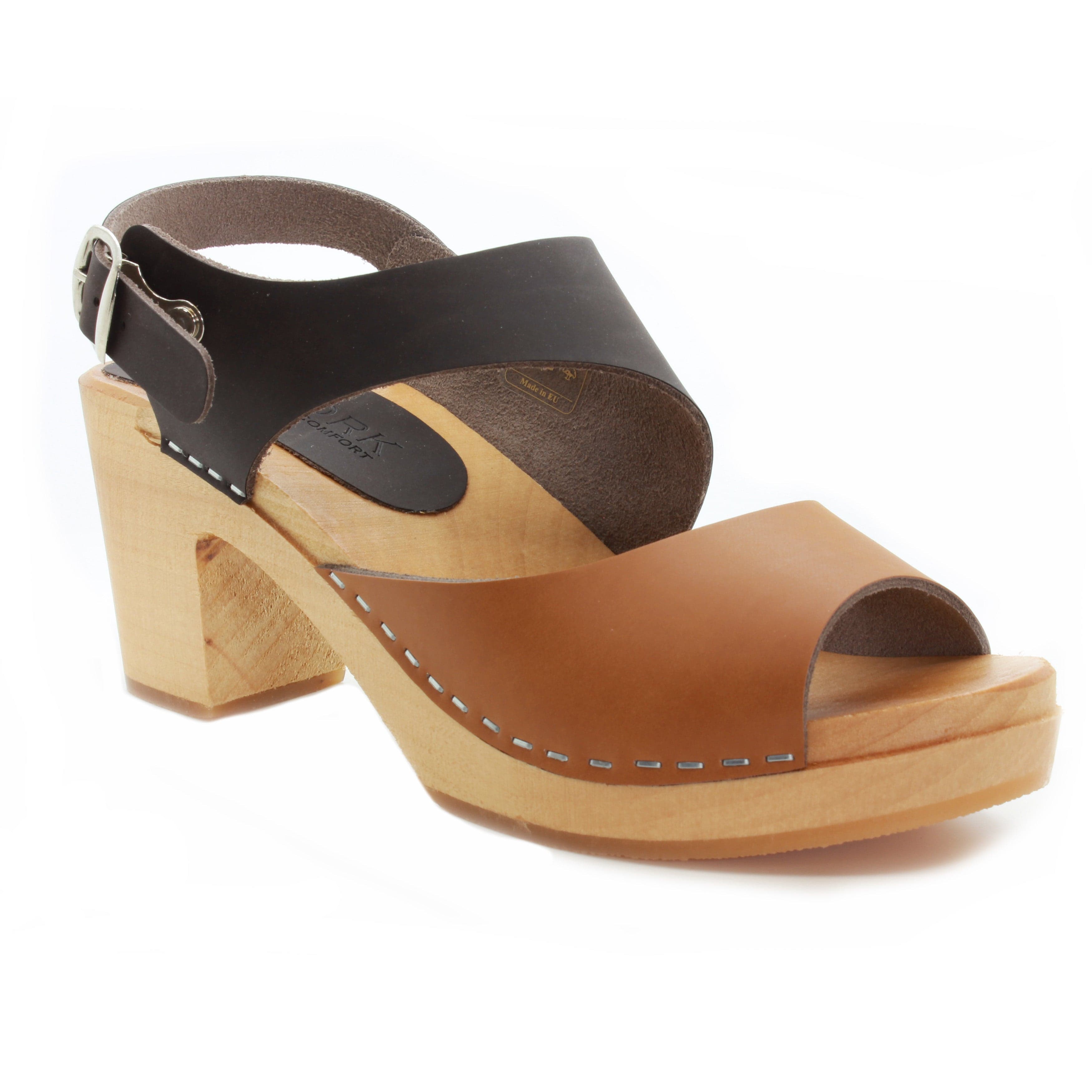 BJORK MARIE Schwedische Holzklauensandalen in kombinbraunem, geöltem Leder - CLOSEOUT