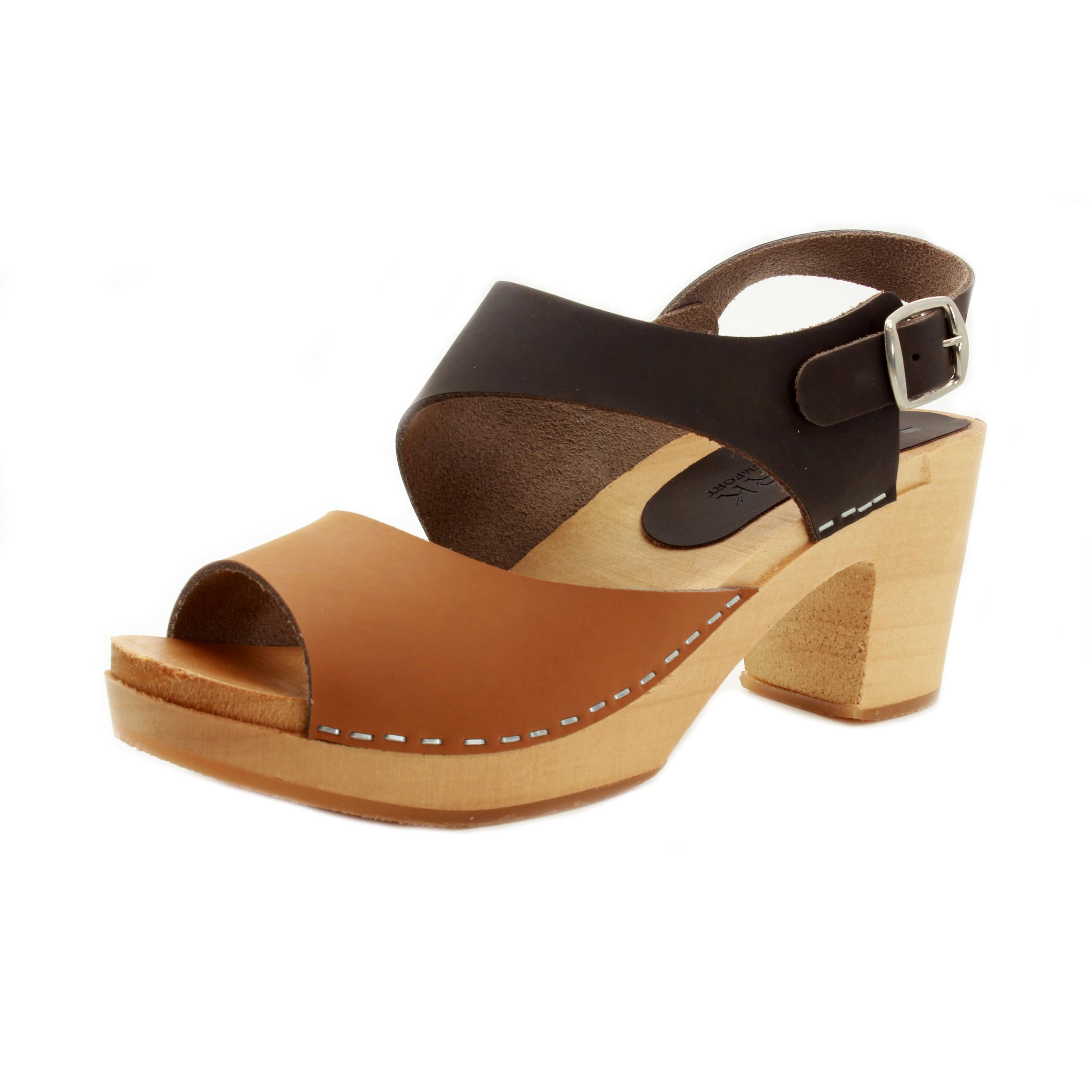BJORK MARIE Schwedische Holzklauensandalen in kombinbraunem, geöltem Leder - CLOSEOUT