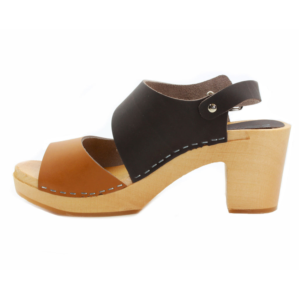 BJORK MARIE Schwedische Holzklauensandalen in kombinbraunem, geöltem Leder - CLOSEOUT