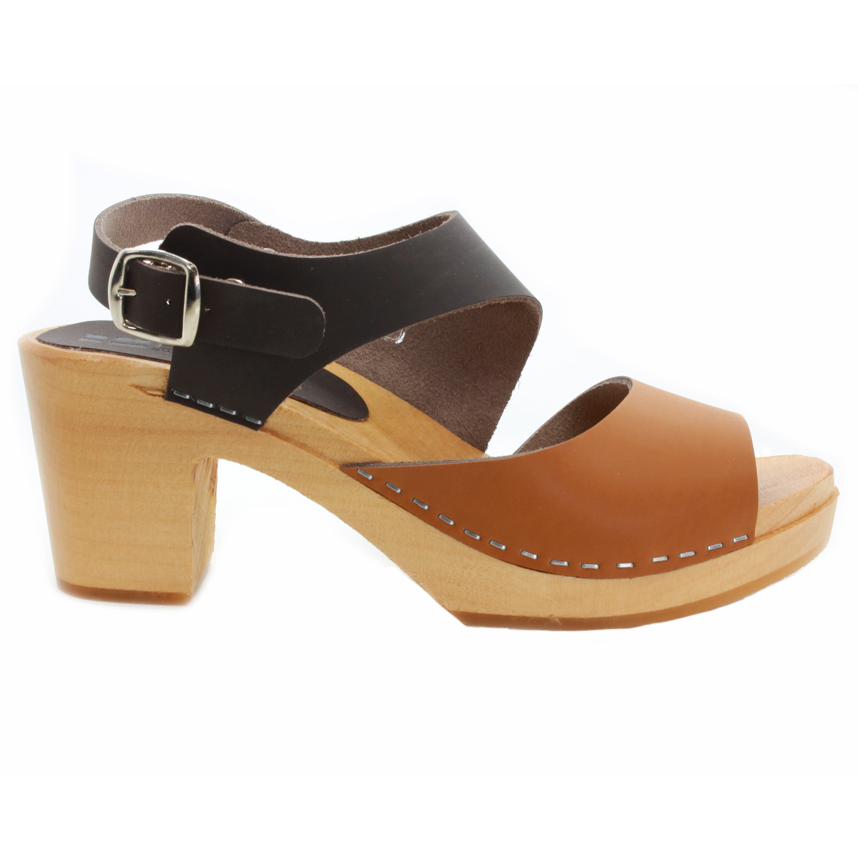 BJORK MARIE Schwedische Holzklauensandalen in kombinbraunem, geöltem Leder - CLOSEOUT
