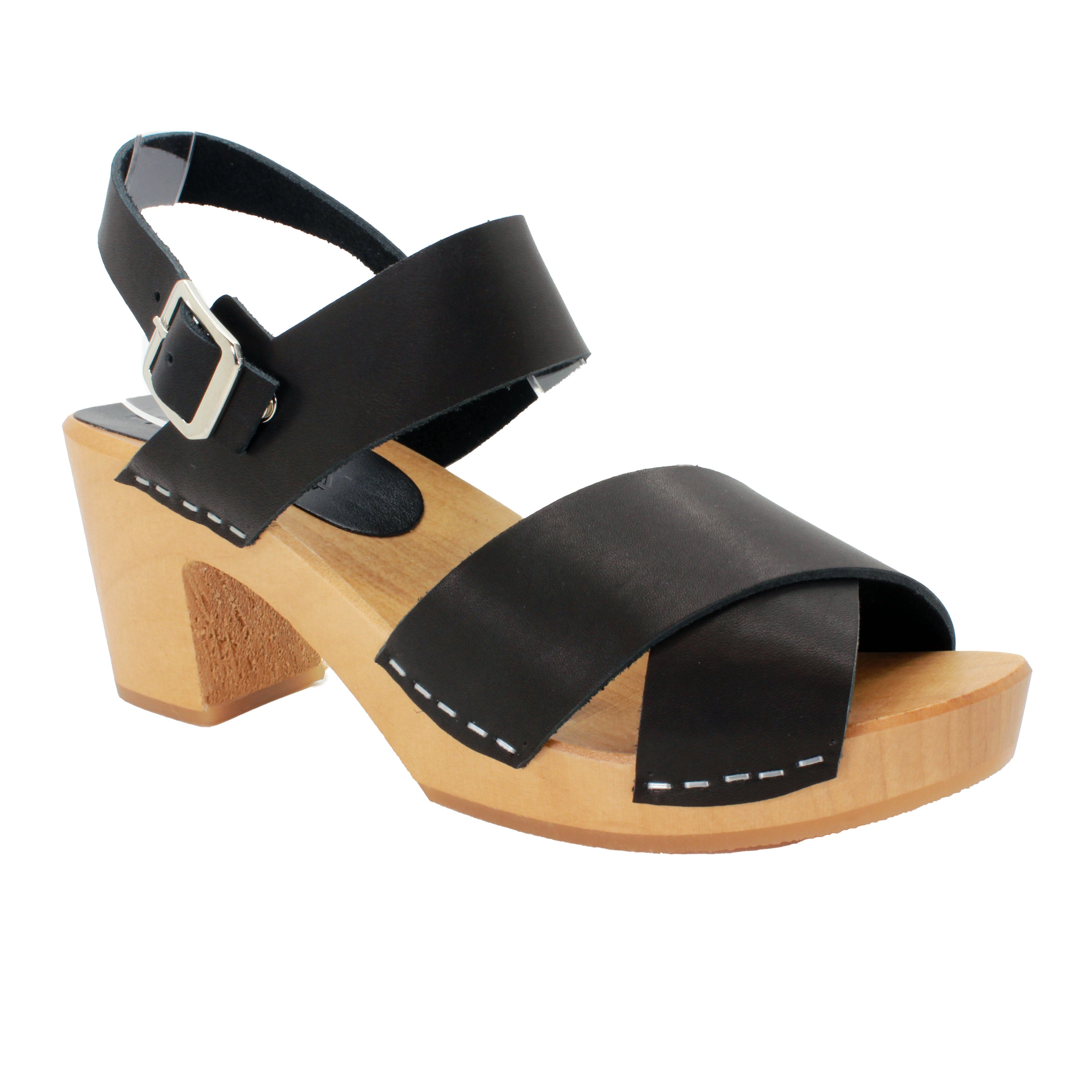 BJORK Erika Schwarze Lederholz-Sandalen