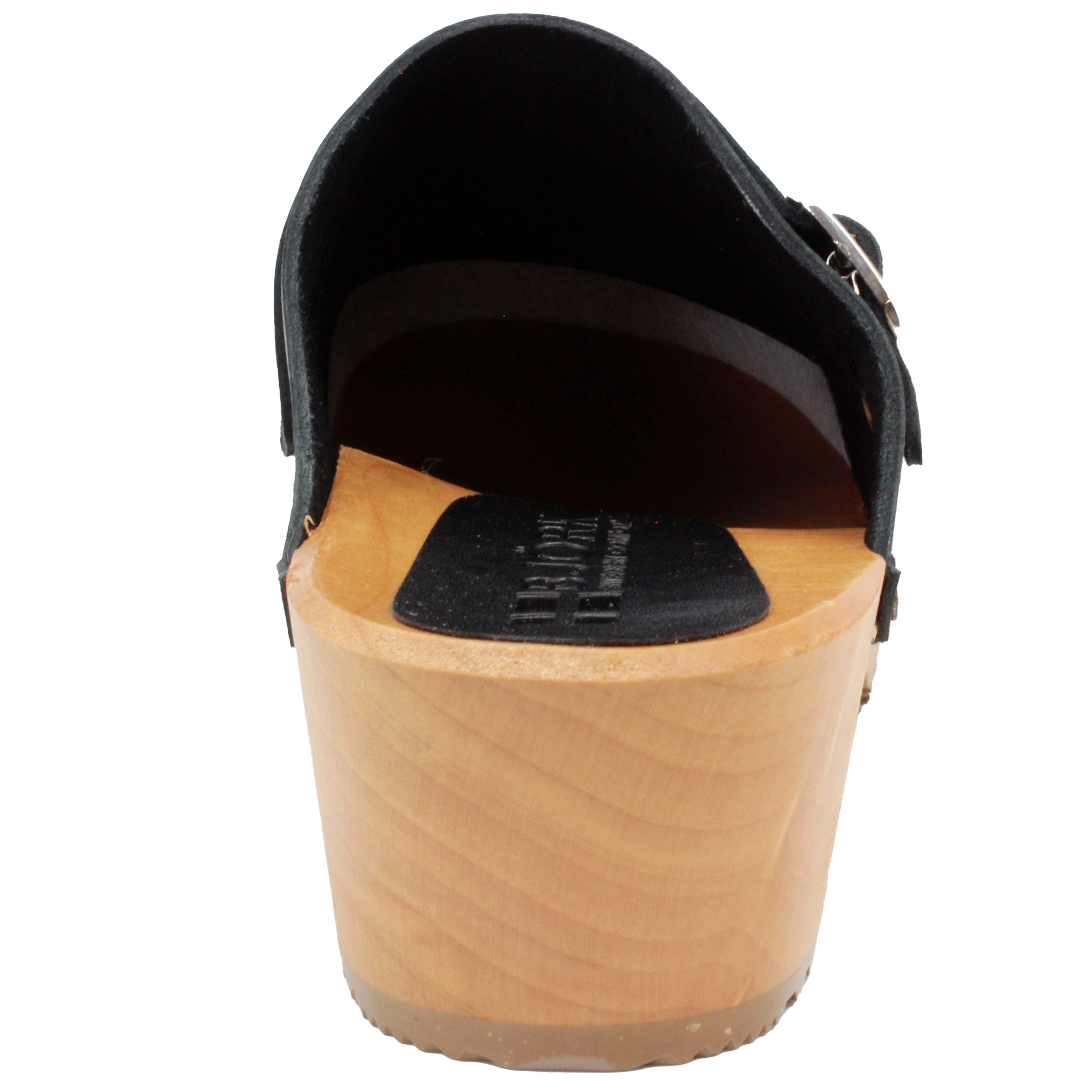 BJORK Anna Wood Vollkorn schwarze Leder Clogs