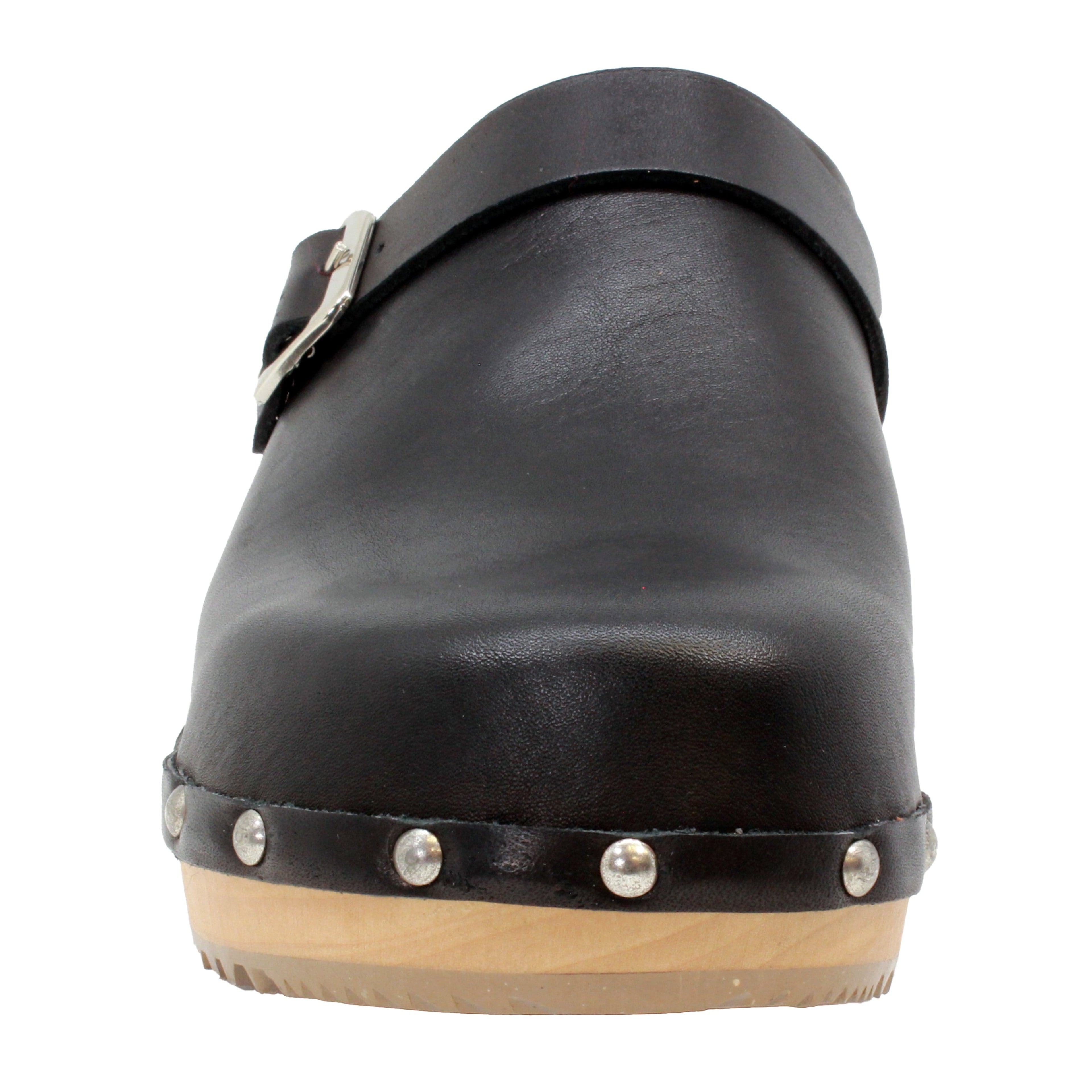 BJORK Anna Wood Vollkorn schwarze Leder Clogs