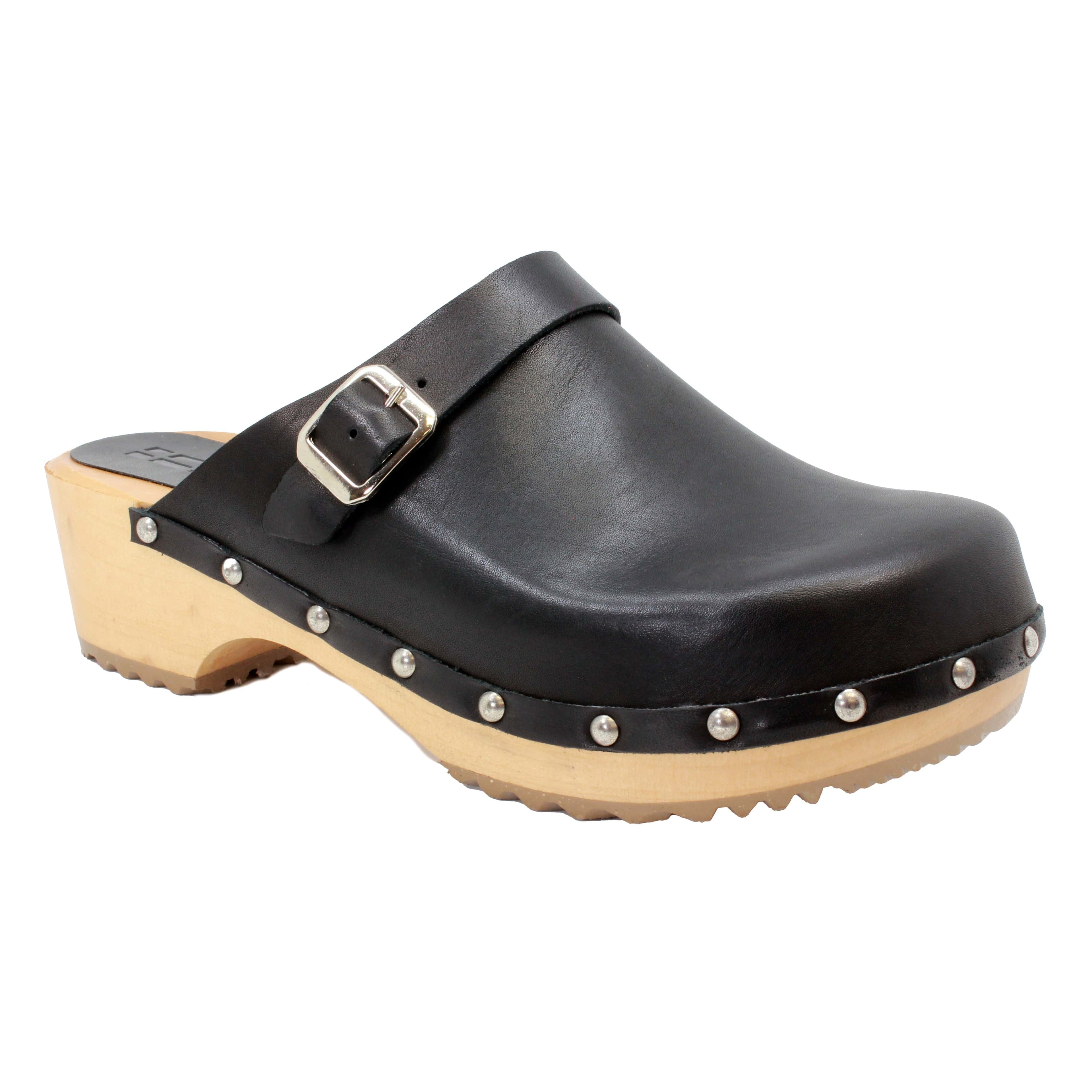 BJORK Anna Wood Vollkorn schwarze Leder Clogs