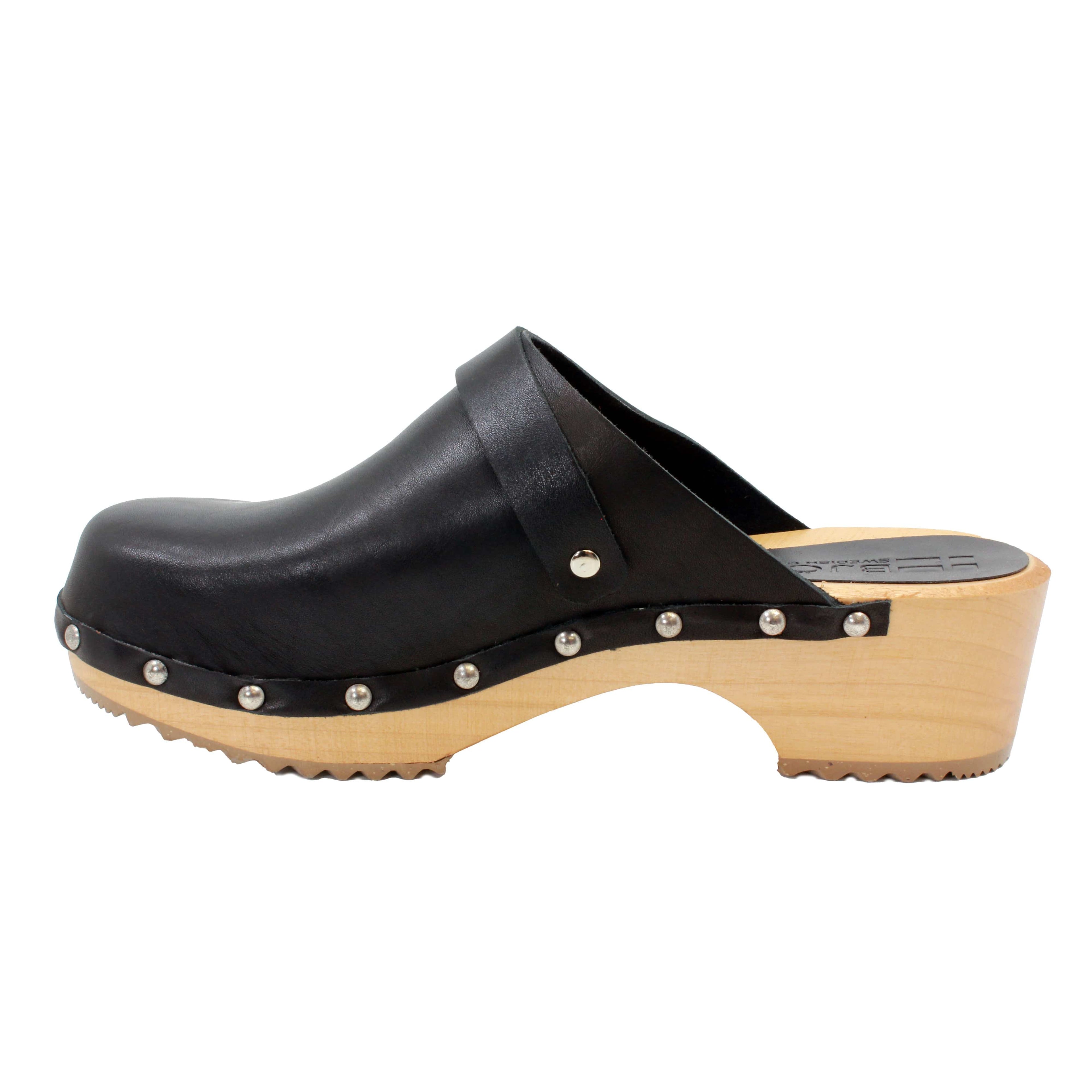 BJORK Anna Wood Vollkorn schwarze Leder Clogs