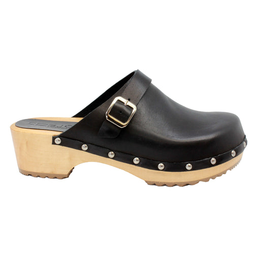 BJORK Anna Wood Vollkorn schwarze Leder Clogs