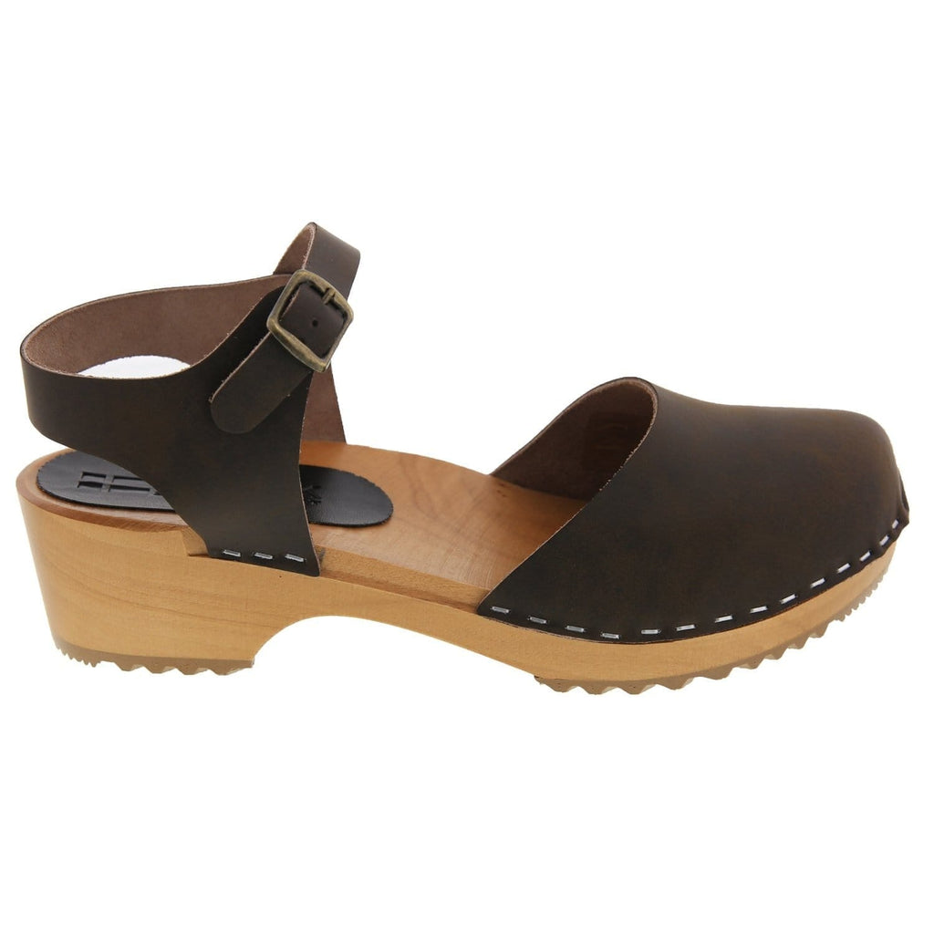 BJORK ALMA Schwedische Holzklötze Braune Ledersandalen