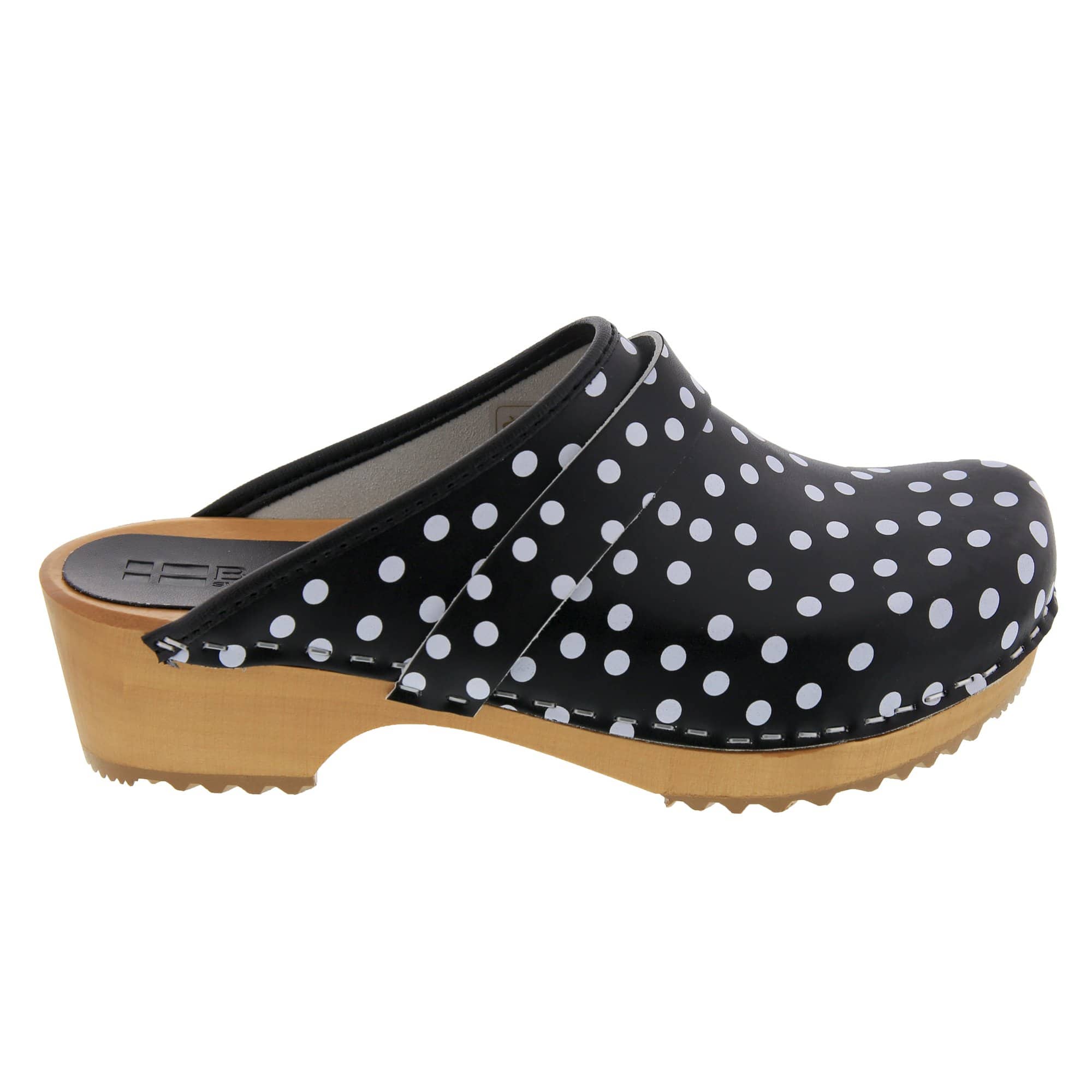 BJORK Emma Wood Open Back Black Polka Dots Leder Clogs - CLOSEOUT
